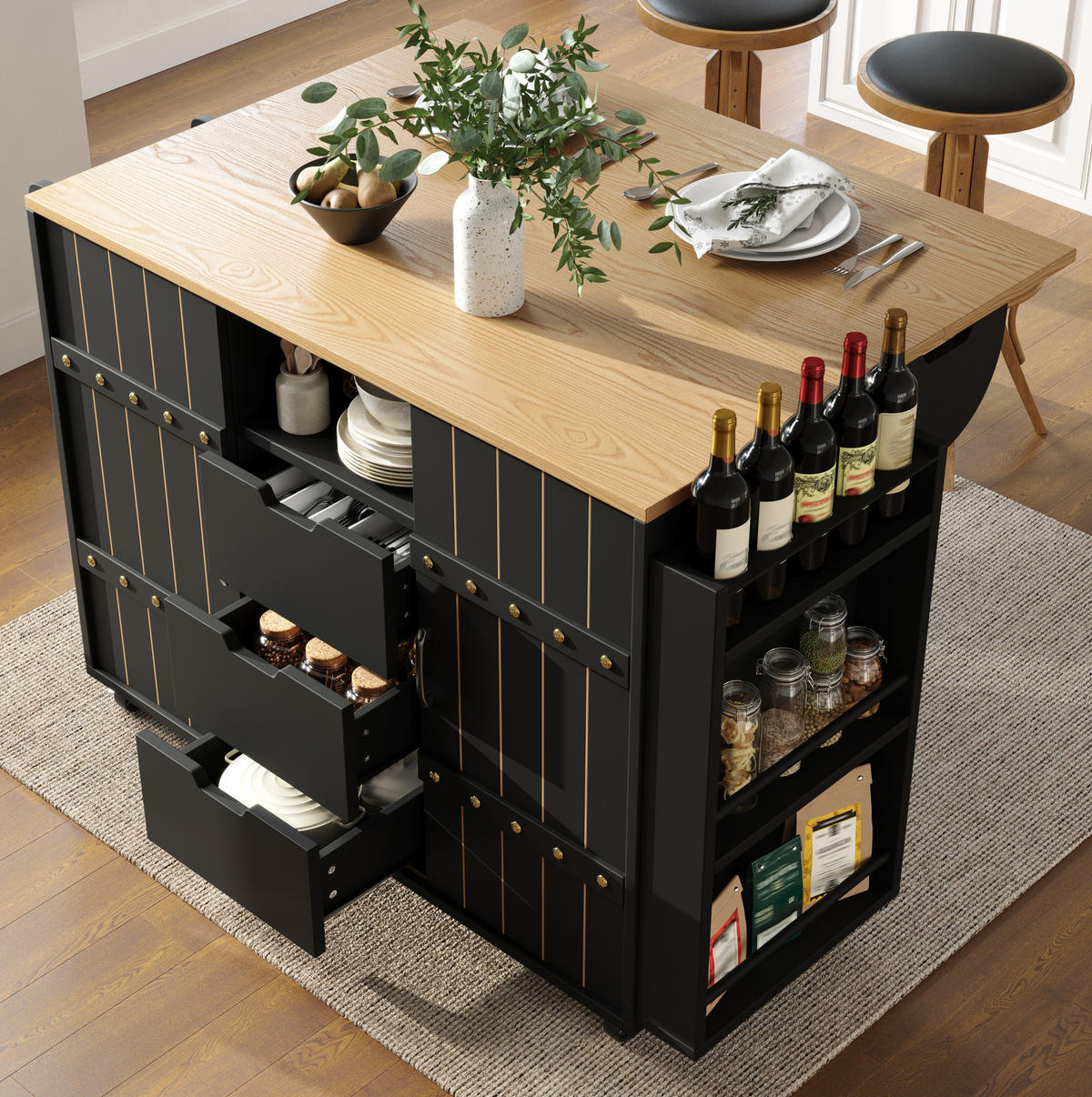KÜCHENINSEL 110/90/42 cm Schwarz aus MDF mit klappbarer Tischplatte - Schwarz, Holzwerkstoff (42/90/110cm) - OKMYHOME
