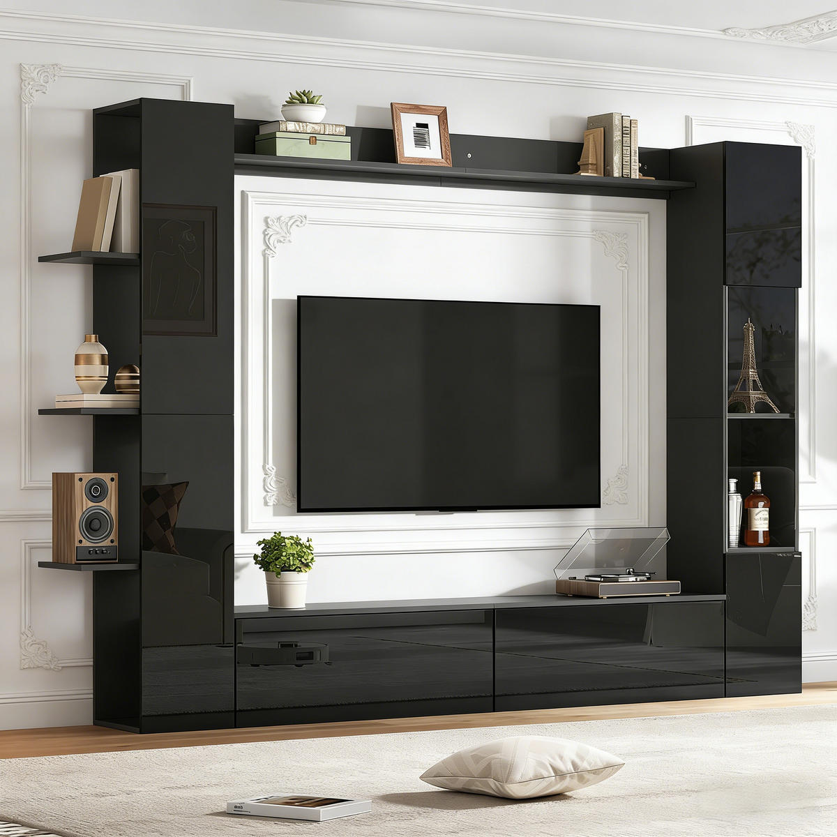WOHNWAND Moderne Schrank mit TV-Bereich, offenen Regalen & Stauraum Schwarz Groß Holzwerkstoff - Schwarz, Holzwerkstoff (245/170/30cm) - EVRYAE