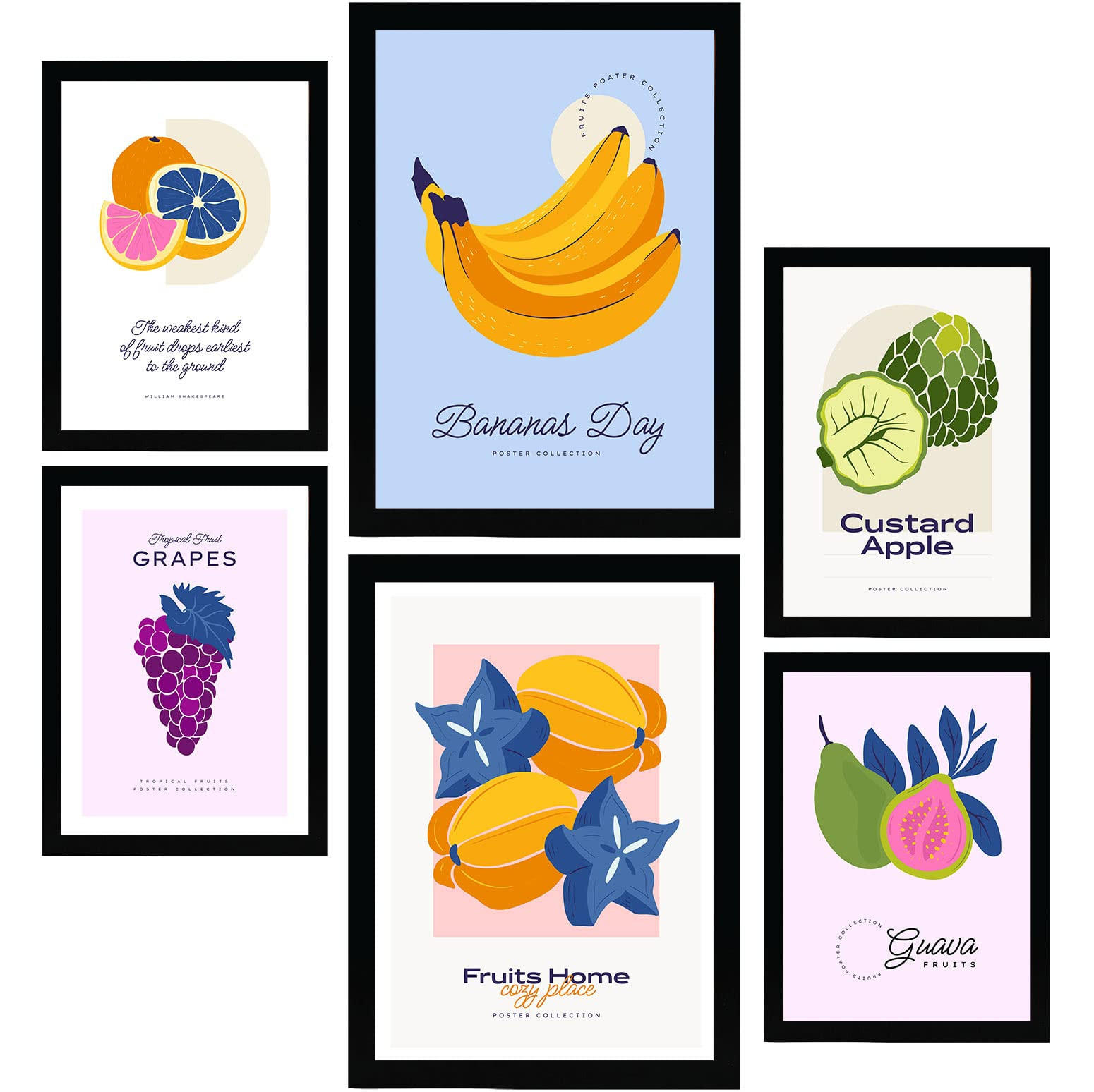 POSTER Set Mit 6 Lebensmittel Und Ernährungs Tropisch Und Fruchtig Natur Und Ernährungs Für Innenarchitektur A3 & A4 Schwarzer Rahmen - Schwarz, Papier (29/3cm) - Nacnic