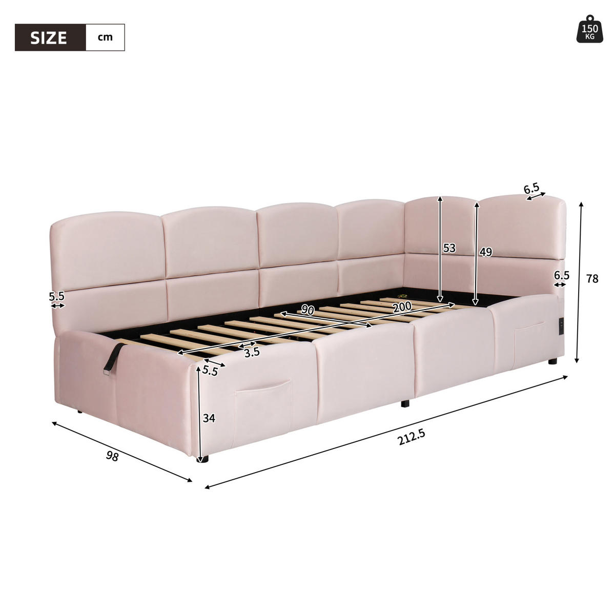 POLSTERBETT 90/200 cm aus Samt mit hydraulischem Stauraum und USB-Anschlüssen Rosa - Rosa, Textil (90/200cm) - Modenvie