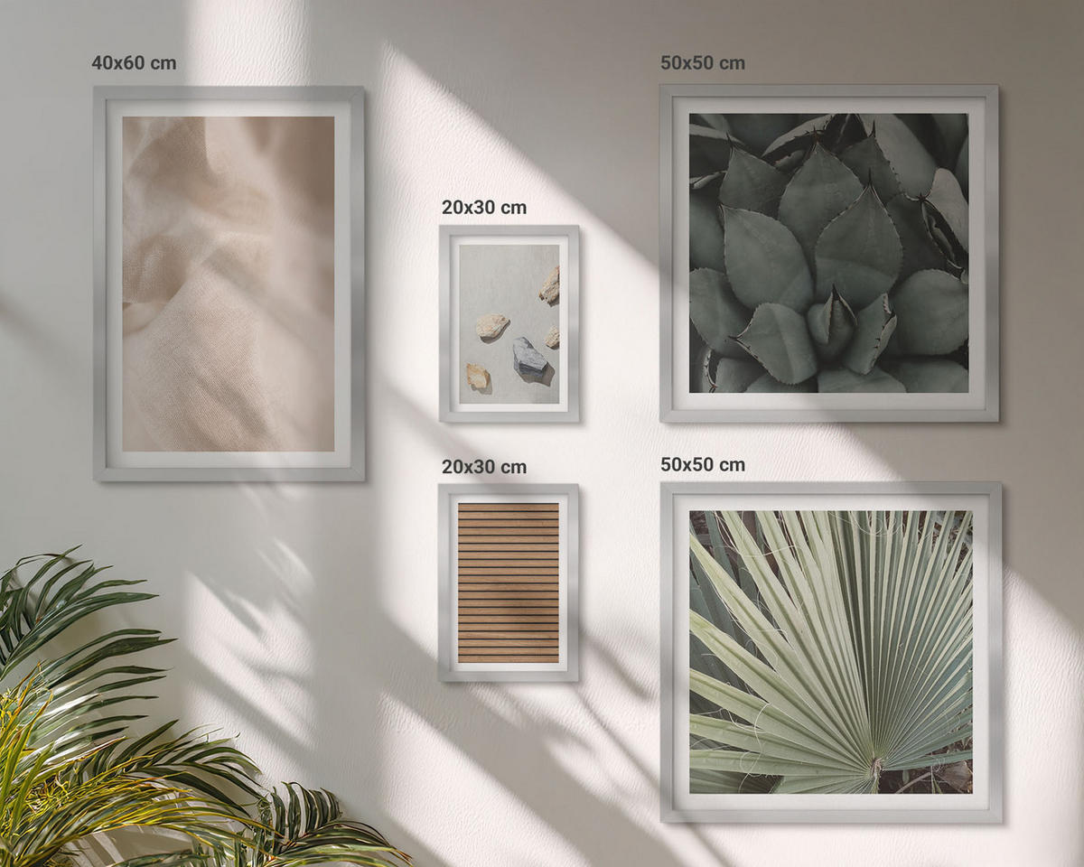 BILDER SET 5er Set - 50x50 cm & 20x30 cm & 40x60 cm Silberner Rahmen - Steine, Holz, Stofftexturen - Silberfarben, Kunststoff (40/60cm) - TULUP