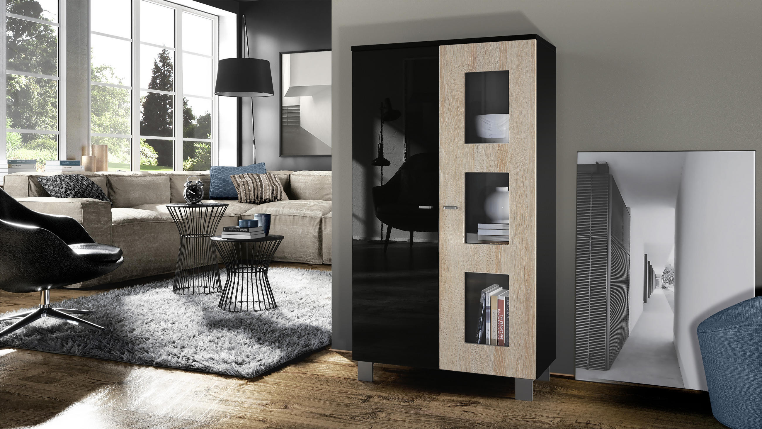 VITRINE Denjo Tür in Eiche sägerau - Eiche San Remo, Holzwerkstoff (71/129/35cm) - Vladon