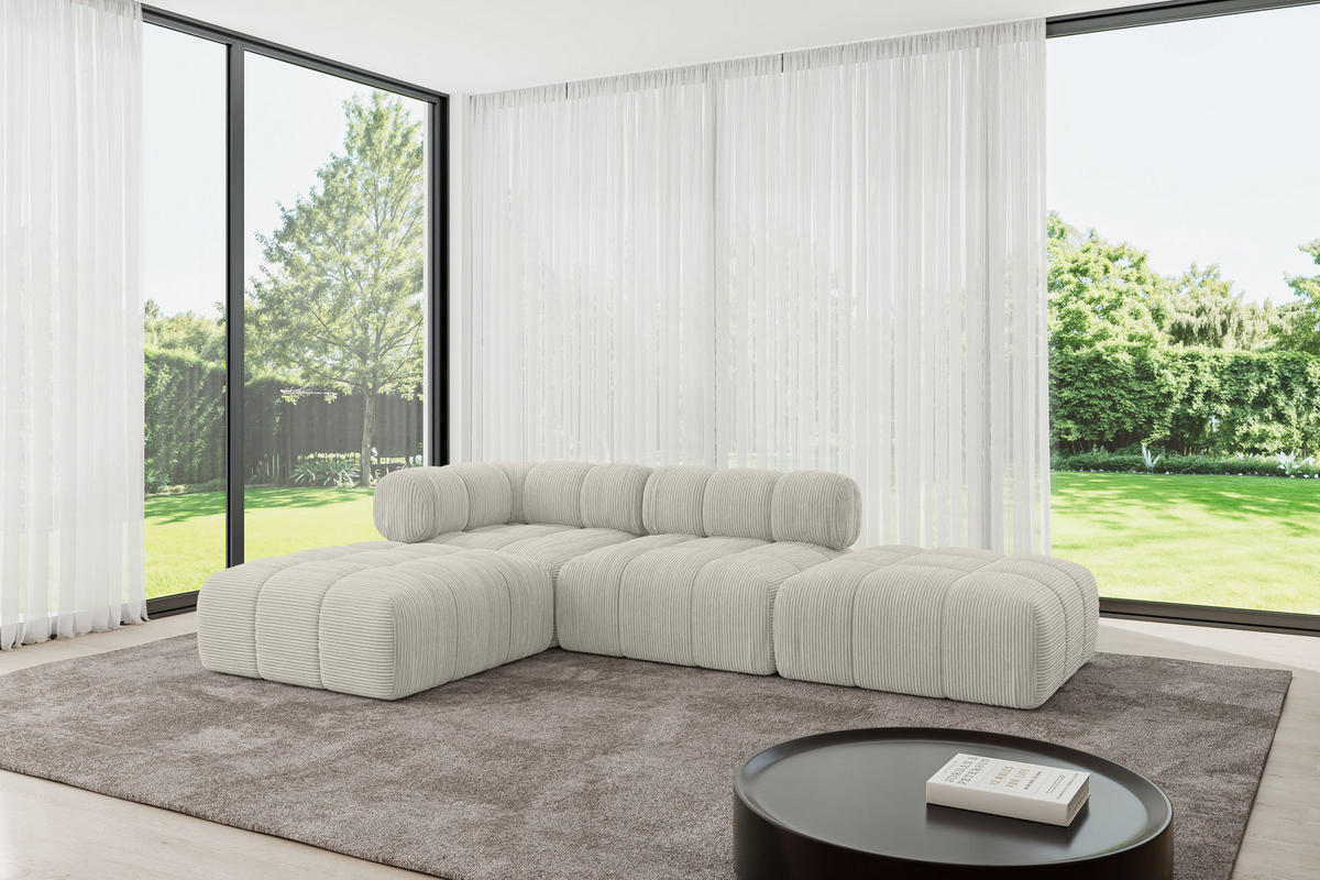 ECKSOFA modulares Sofa Kerru-L1 - 285x190x70 cm Creme Cord - Hellgrau/Creme, Holzwerkstoff/Textil (285/190cm) - ALTDECOR