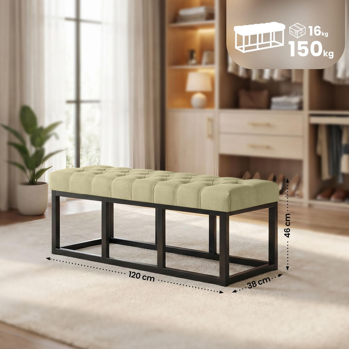 SITZBANK 120/38 cm Stoff Taupe - Taupe/Schwarz, Textil/Metall (120/46/38cm) - CLP