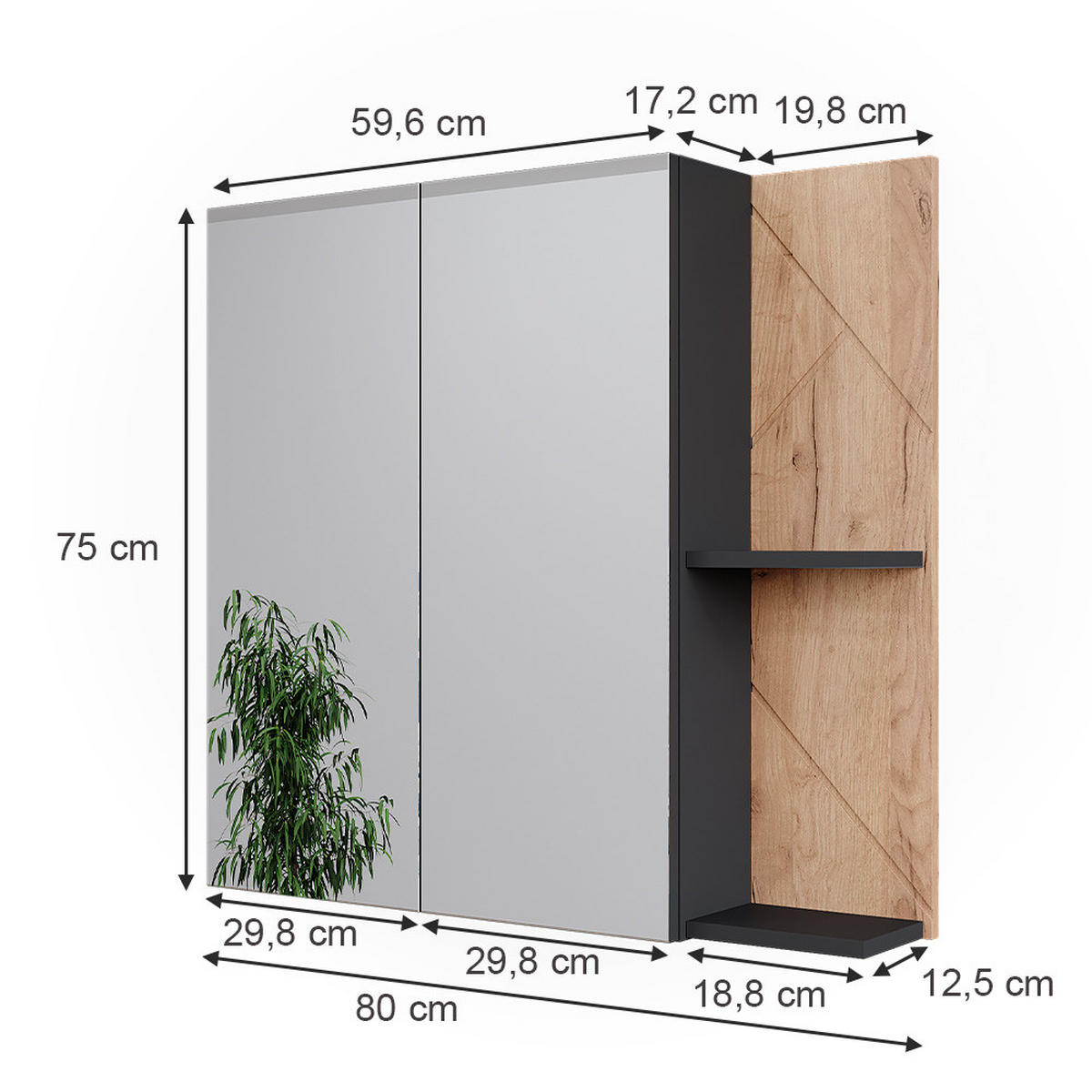 BADSPIEGELSCHRANK Irma Anthrazit/Goldkraft Eiche 80 x 75 cm - Honigeiche/Anthrazit, Holzwerkstoff (80/75/17.2cm) - Vicco