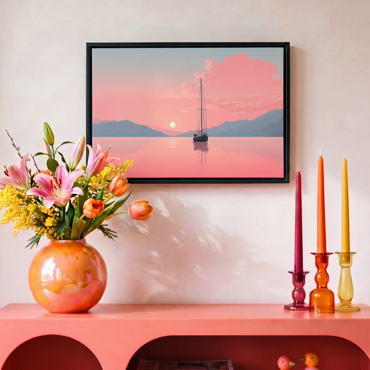 LEINWAND Bilder mit Rahmen - Segelboot - Rosa Meer - Sonnenuntergang - Berge - 30x20 - Rosa, Textil (30/20cm) - MuchoWow