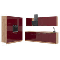 KÜCHENZEILE Fame-Line, Bordeaux Hochglanz/Goldkraft Eiche, 460 cm, AP Eiche - Honigeiche/Bordeaux, Holzwerkstoff (460/206.8/60cm) - Vicco