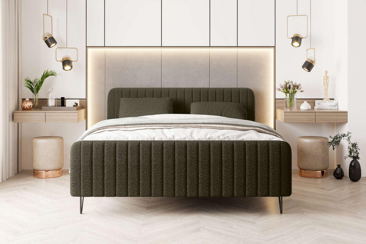 BOXSPRINGBETT LUCIO Bouclé-Stoff Olivgrün 180/200 cm - Schwarz/Olivgrün, Textil/Metall (180/200cm) - 99rooms