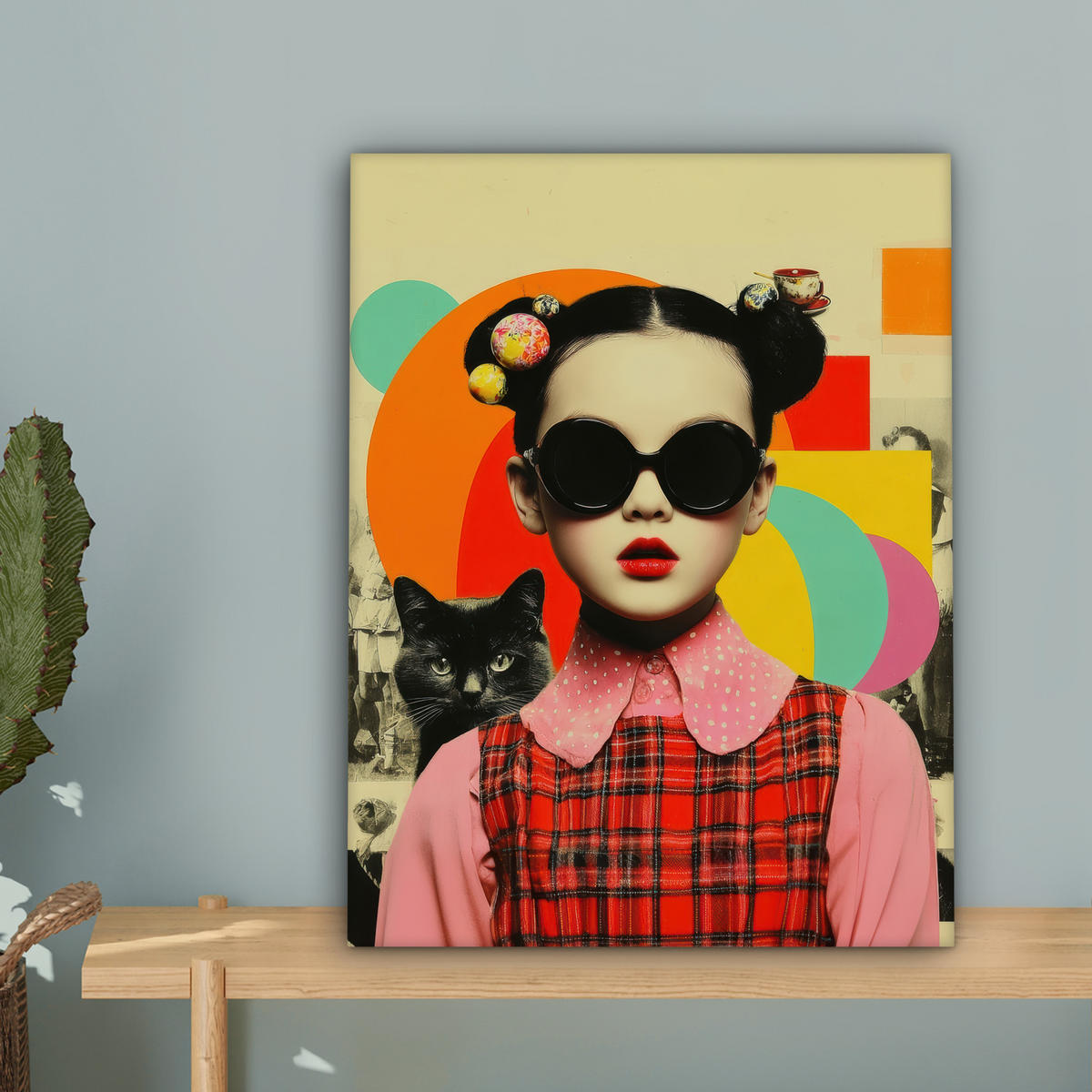 LEINWANDBILD Mädchen - Sonnenbrille - Katze - Retro Room Decor 30x40 cm - Beige, Textil (30/40cm) - MuchoWow