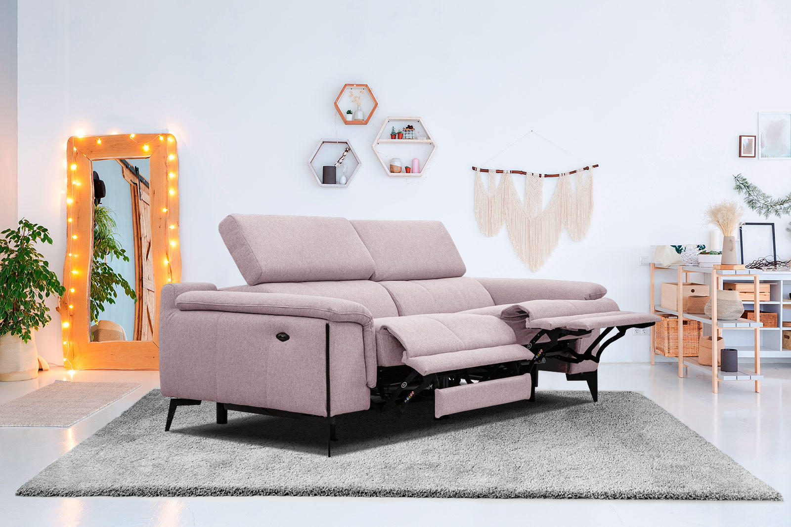 RELAXSOFA MATERA 3-Sitzer mit 2 Relaxfunktionen, rosa - Schwarz/Rosa, Holzwerkstoff/Textil (212/82/103cm) - Courtois Laville