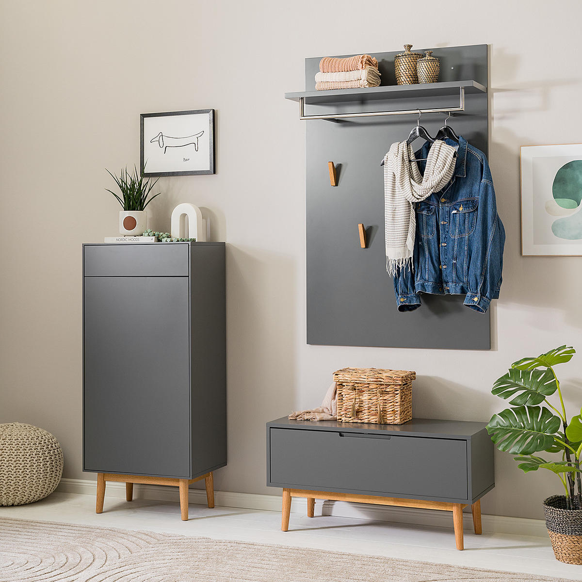 GARDEROBENBANK - Eichefarben/Grau, Holzwerkstoff (95/49/40cm) - home24