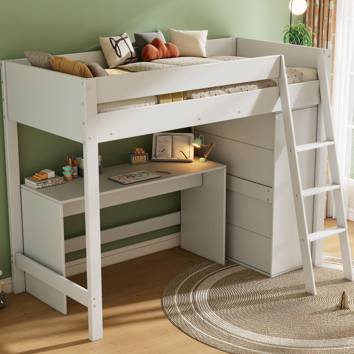 HOCHBETT 90/200 cm mit Schreibtisch, Kleiderschrank, Leiter und Lattenrost aus Massivholz, Weiß - Weiß, Holz (90/200cm) - Redom