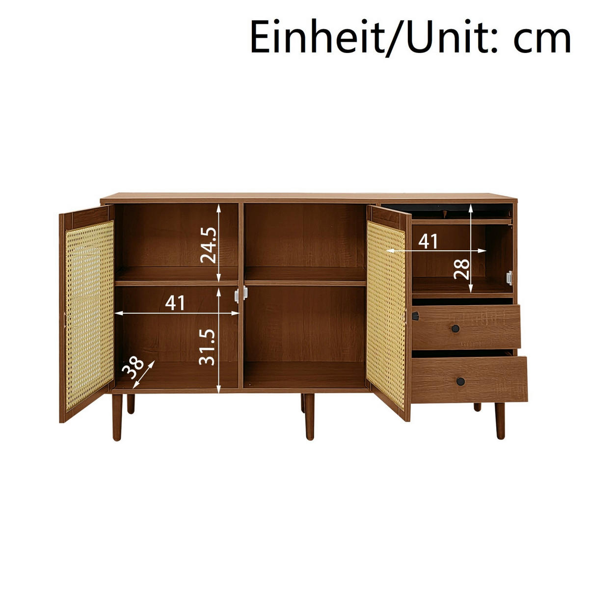 SIDEBOARD Holzdekor, 3 Türen, 2 Schubladen, Rattanoptik - Kastanienfarben, Holz (130/75/40cm)