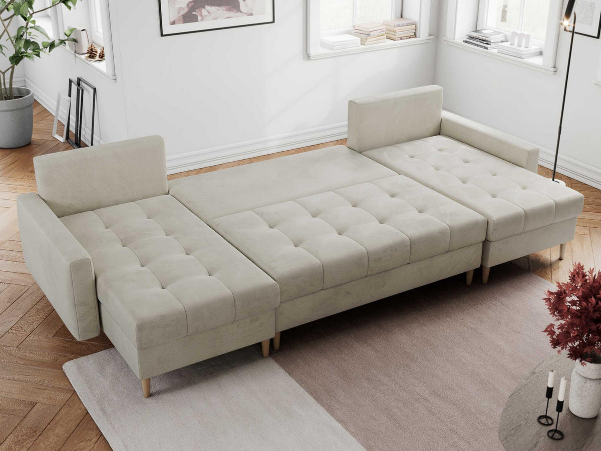 WOHNLANDSCHAFT Colin U Velvet Beige - Beige/Braun, Holz/Textil (290/75/140cm) - MKS