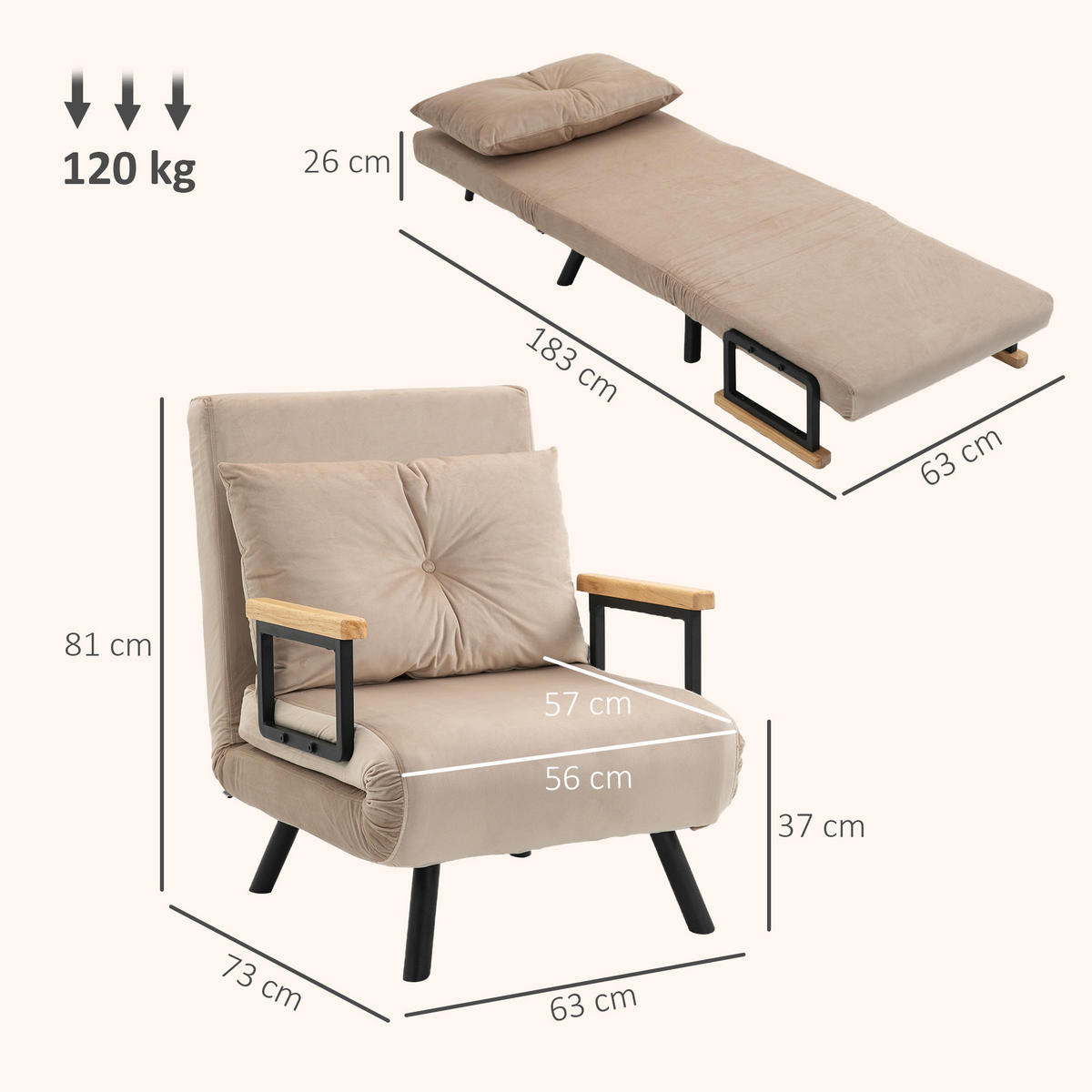 SCHLAFSESSEL 3-in-1 DE-14560 5-fach verstellbar, mit Holzarmlehnen Beige - Beige, Textil (73/81/63cm) - ComfortXL