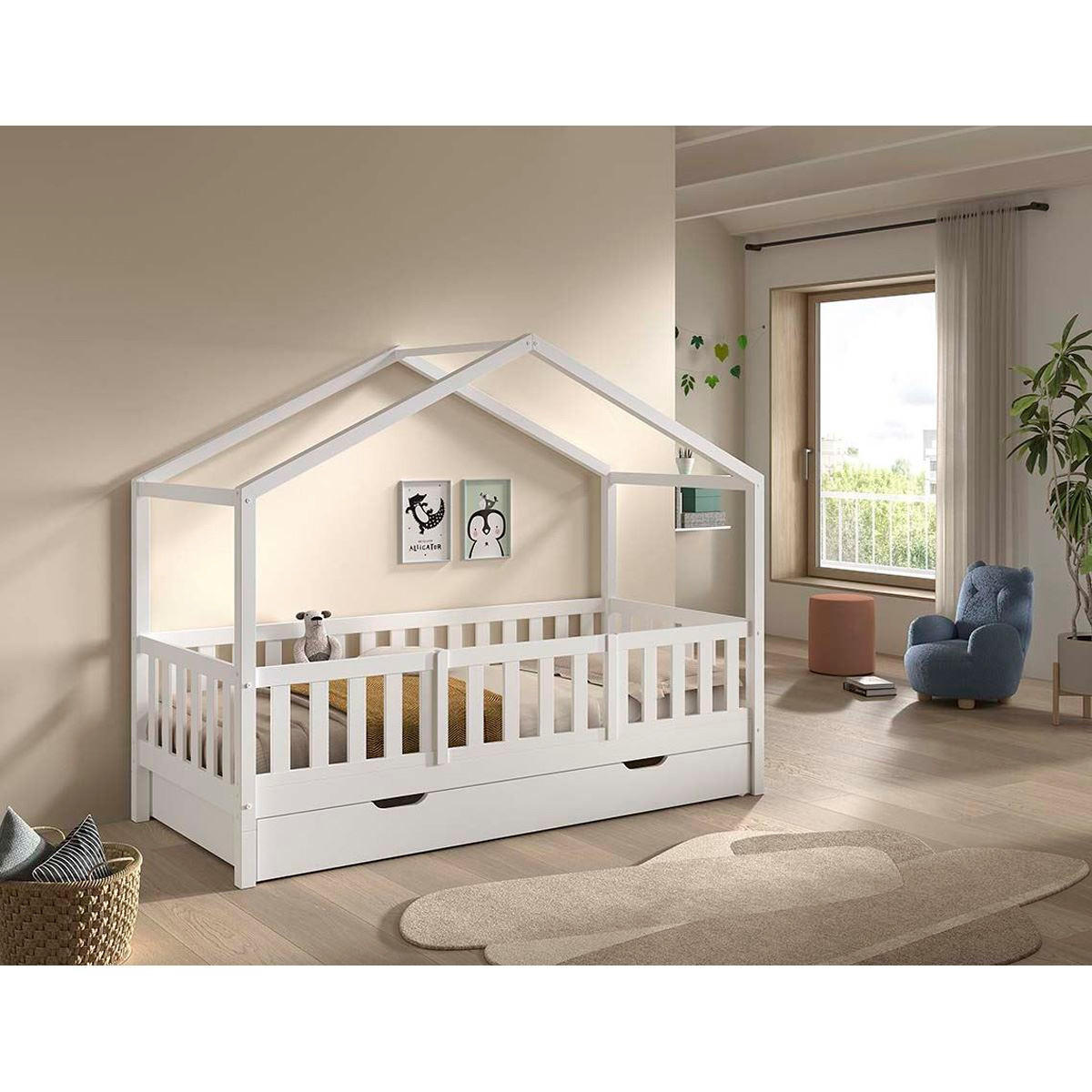 HAUSBETT Kapua 90x200 Bettschublade Rausfallschutz Kiefer massiv weiß - Weiß, Holz (90/200cm) - 58aufmkessel
