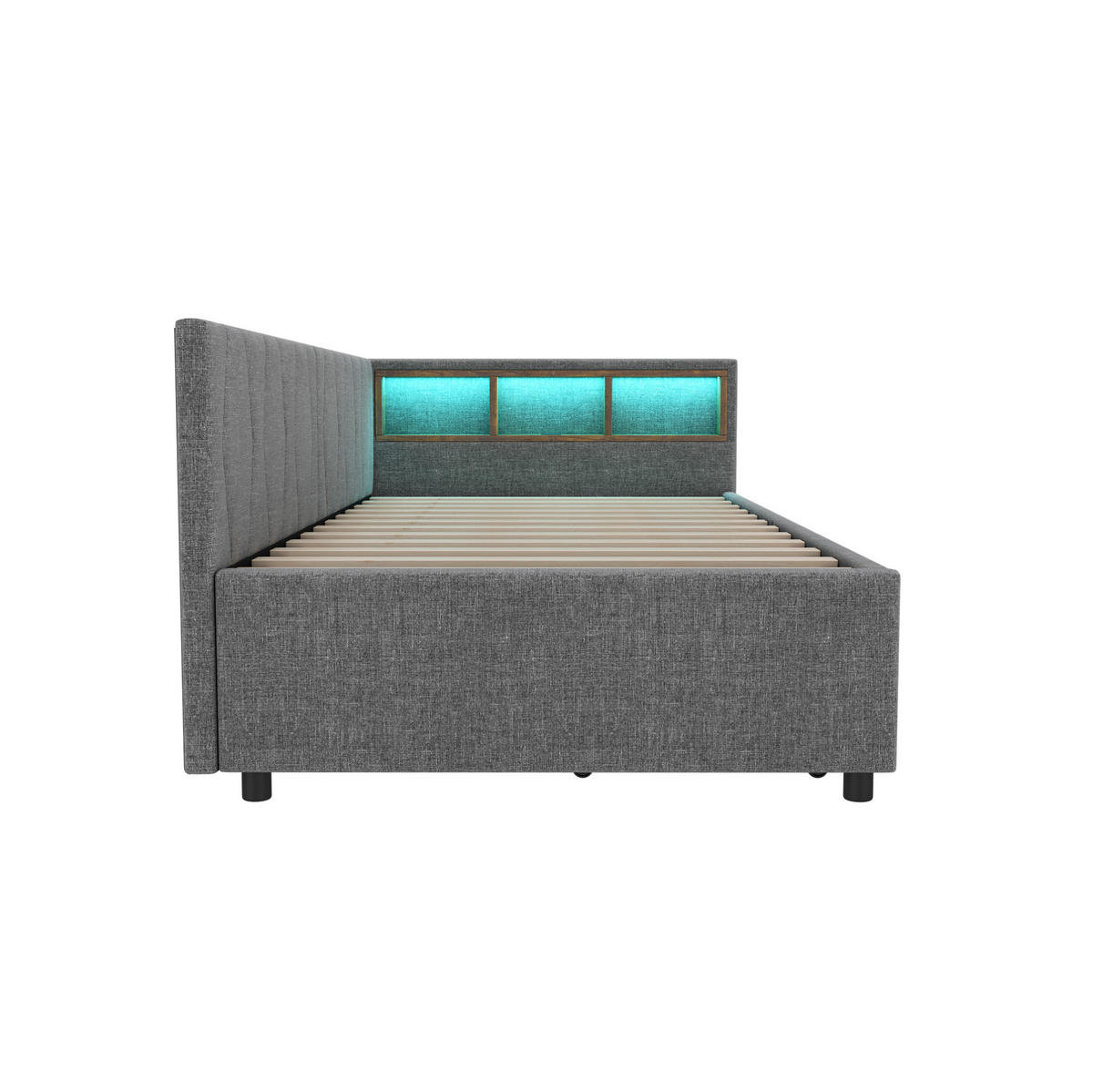 KREVET 90/200 cm s LED ambijentalnim osvjetljenjem, USB+Type C priključkom, ladicama i pretincima, lan, Siva - siva, tekstil (90/200cm) - Redom