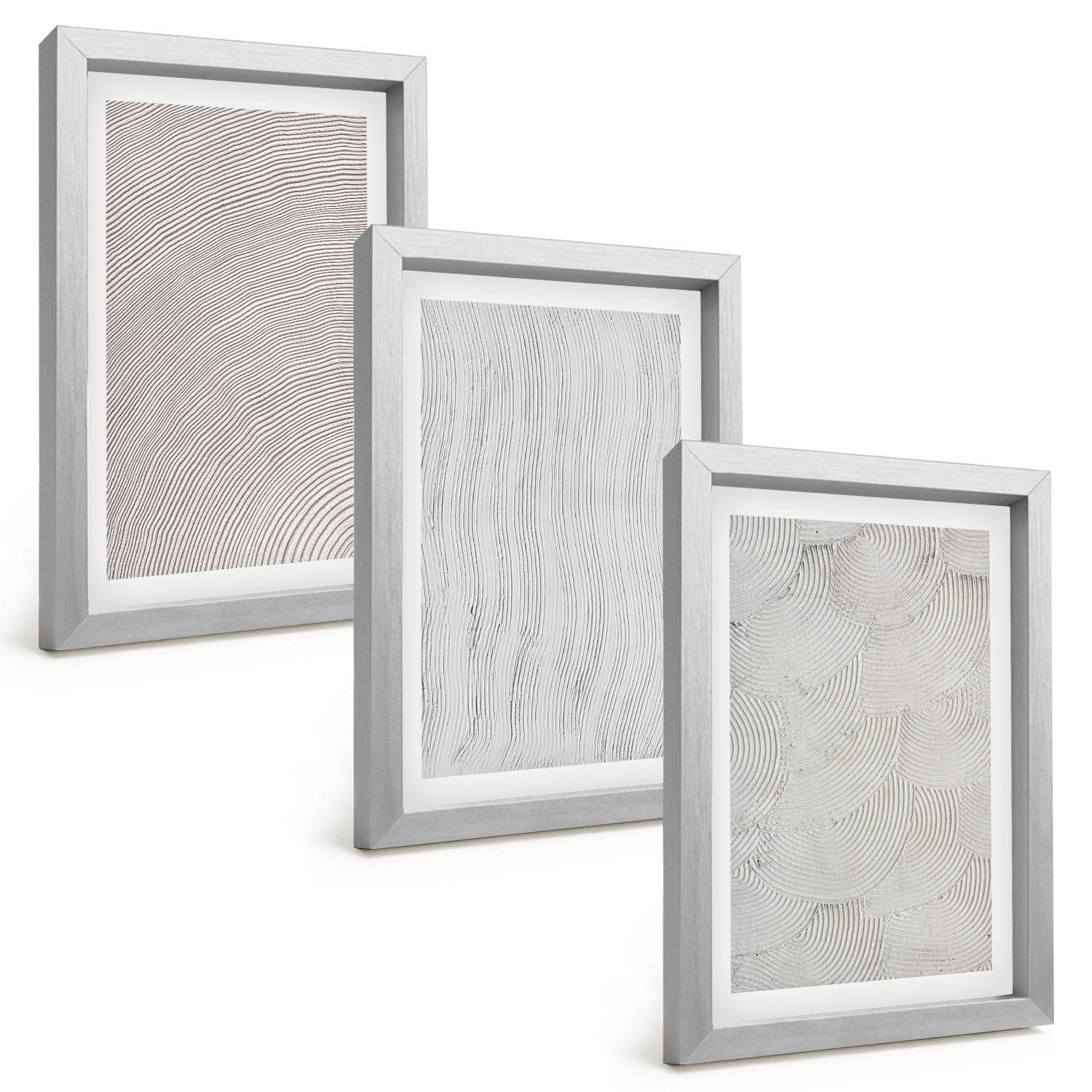 BILDER SET 3er Set - 20x30 cm Silberner Rahmen - Sandmuster geometrische Strukturen - Silberfarben, Kunststoff (20/30cm) - TULUP