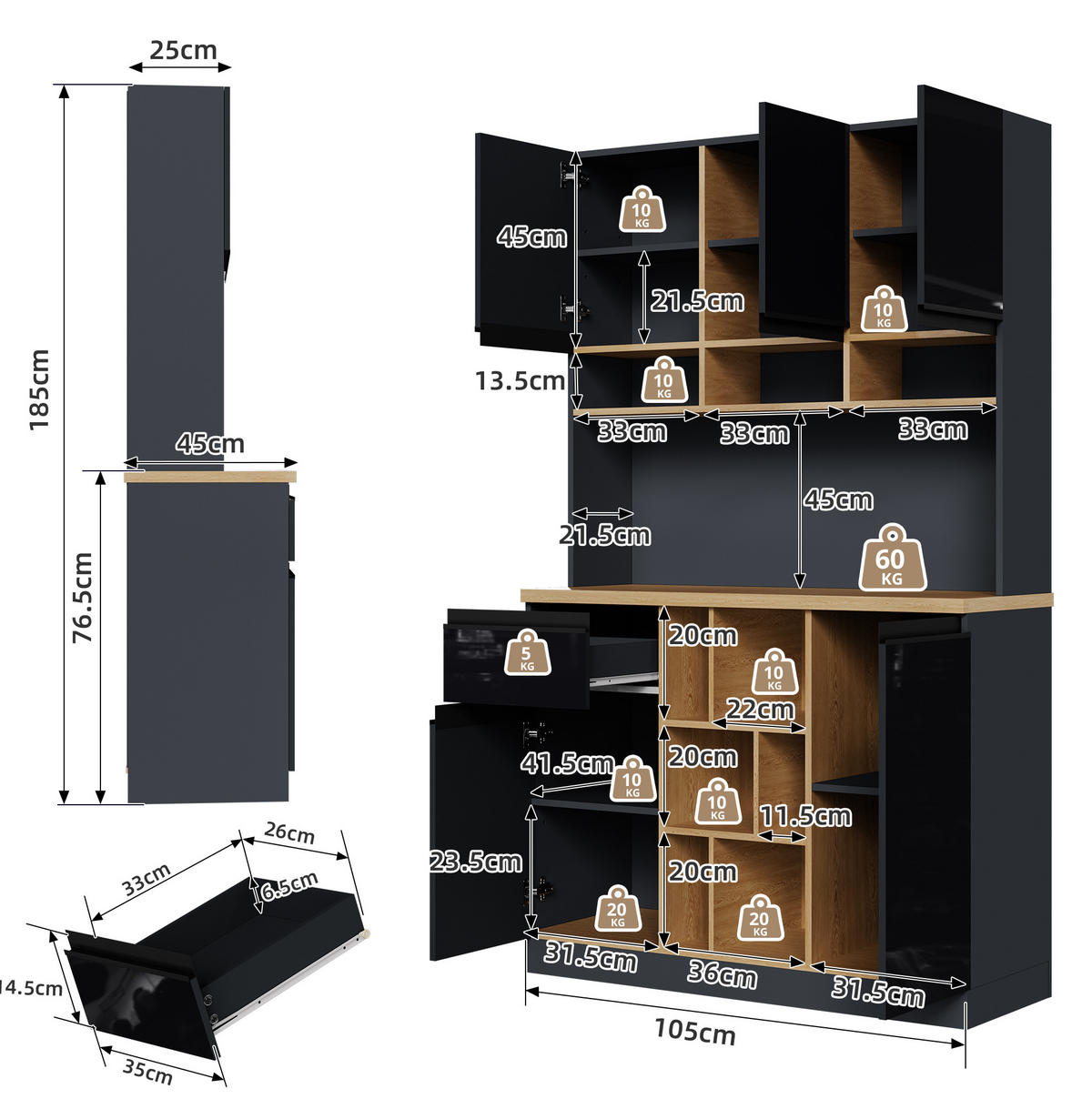 BUFFET 105/185/45 cm Anthrazit/Schwarz aus MDF mit verstellbaren Einlegeböden - Schwarz, Holzwerkstoff (45/185/105cm) - OKMYHOME