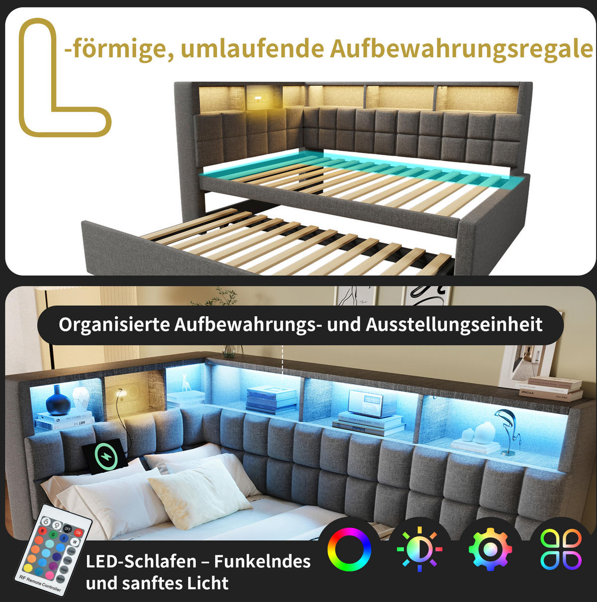 POLSTERBETT 90/200 cm aus PU mit LED, USB-Ladefunktion und Stauraum Grau - Grau, Kunststoff (90/200cm) - Modenvie