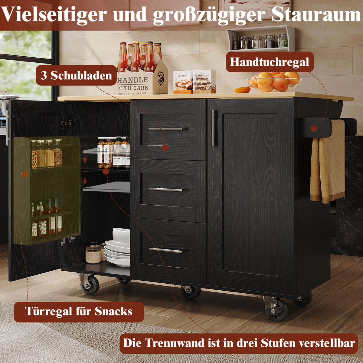 KÜCHENWAGEN 135x74x87.2cm Schwarz mit Klappseiten, 3 Schubladen, Snackregal & 5 Rollen - Schwarz, Holzwerkstoff (135/87.2/74cm) - Modfu