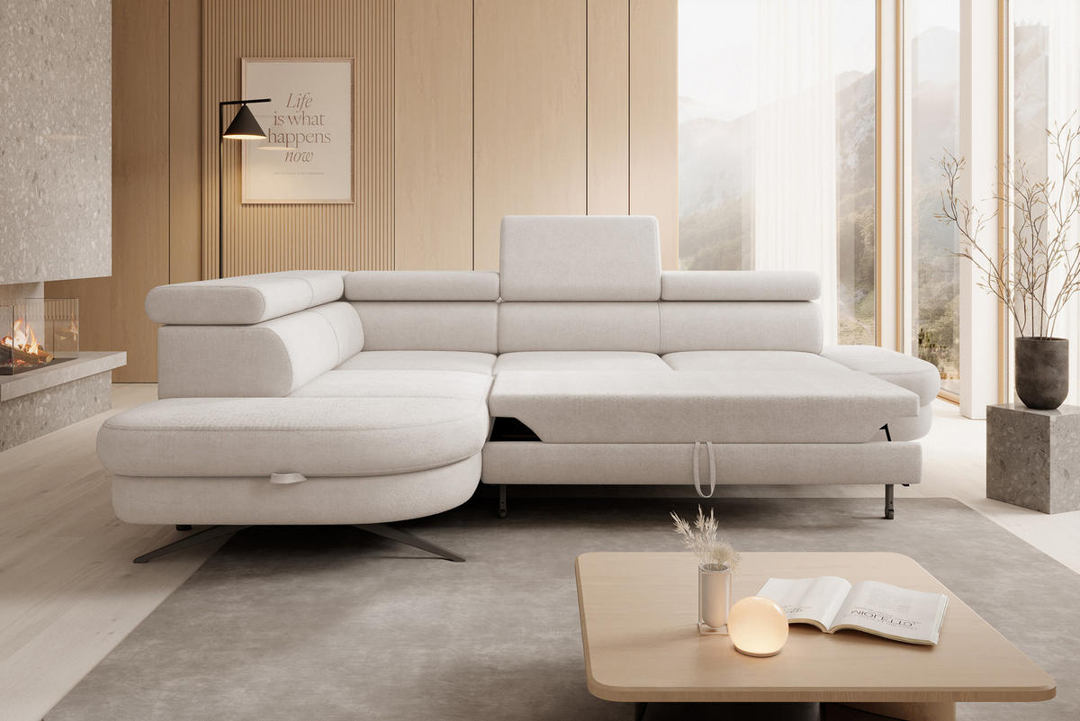 ECKSOFA OTIS L-förm, Schlaffunktion, verstellbare Kopfstützen, in AURORA-Stoff, lose Rückenkissen, freistehend, LINKS 218x276x97 cm Beige - Beige, Holz/Textil (218/276cm) - DomoHome
