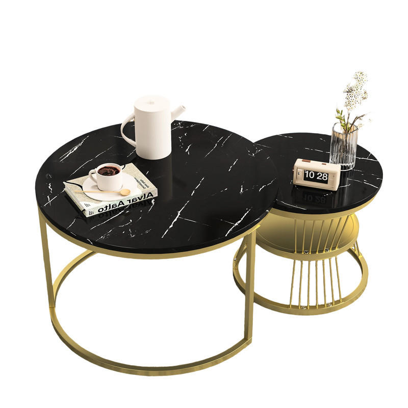 COUCHTISCH-SET Marmoroptik Schwarz, Metallgestell Gold, 2er Set - Goldfarben/Schwarz, Metall (70/70/45.5cm) - SHOPENTRA