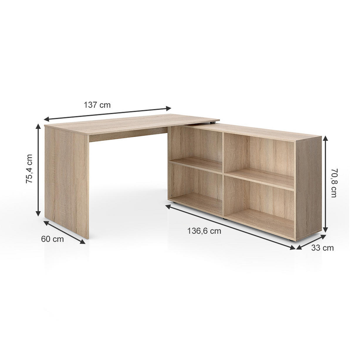 ECKSCHREIBTISCH FlexPlus Sonoma 137 x 60 cm - Sonoma Eiche, Holzwerkstoff (60/137/75.4cm) - Vicco