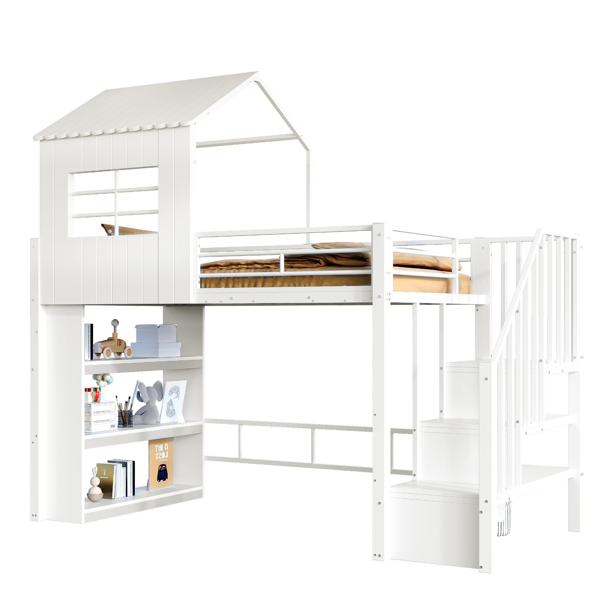 HOCHBETT 90/200 cm in Weiß mit Regal und Treppe - Weiß, Holzwerkstoff/Metall (90/200cm) - WISHDOR