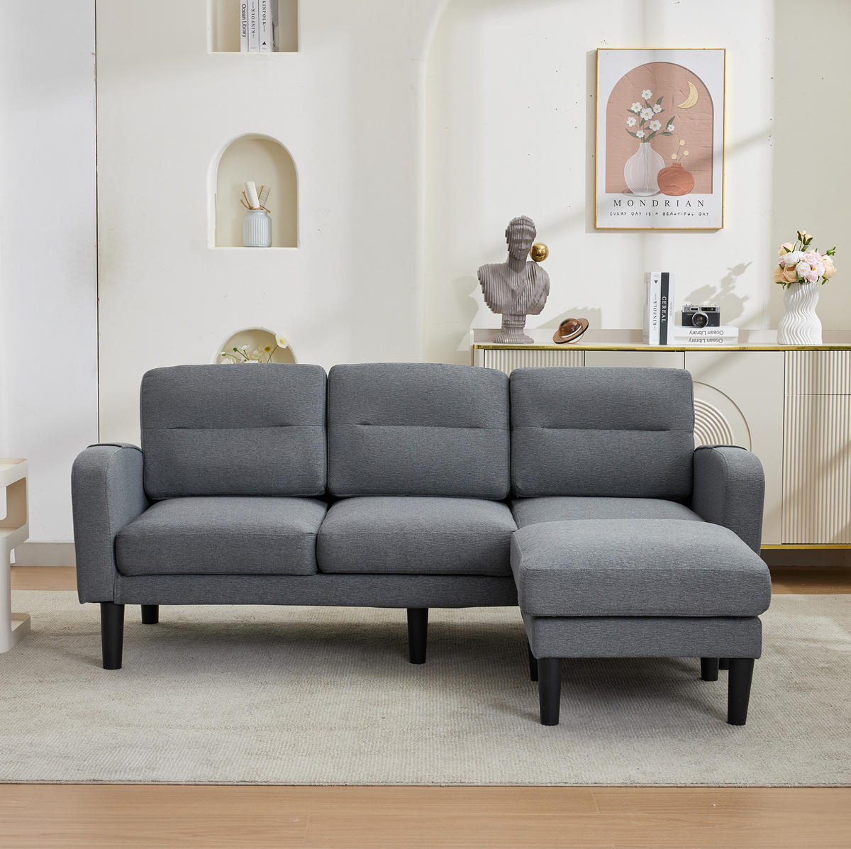 ECKSOFA 204/136/80 cm aus Stoff mit Chaiselongue und seitlichen Aufbewahrungstaschen Grau - Grau, Textil (136/204cm) - Modenvie
