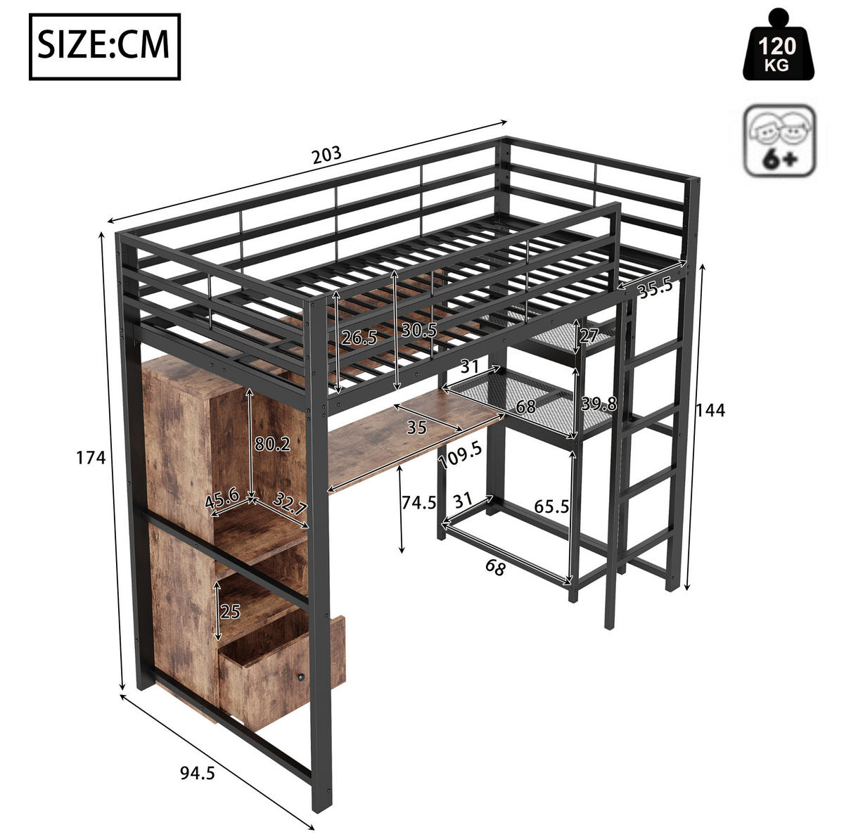 HOCHBETT 90/200 cm aus Metall und MDF mit LED-Beleuchtung, Schreibtisch und Stauraum, Schwarz - Schwarz, Holzwerkstoff (90/200cm) - Redom