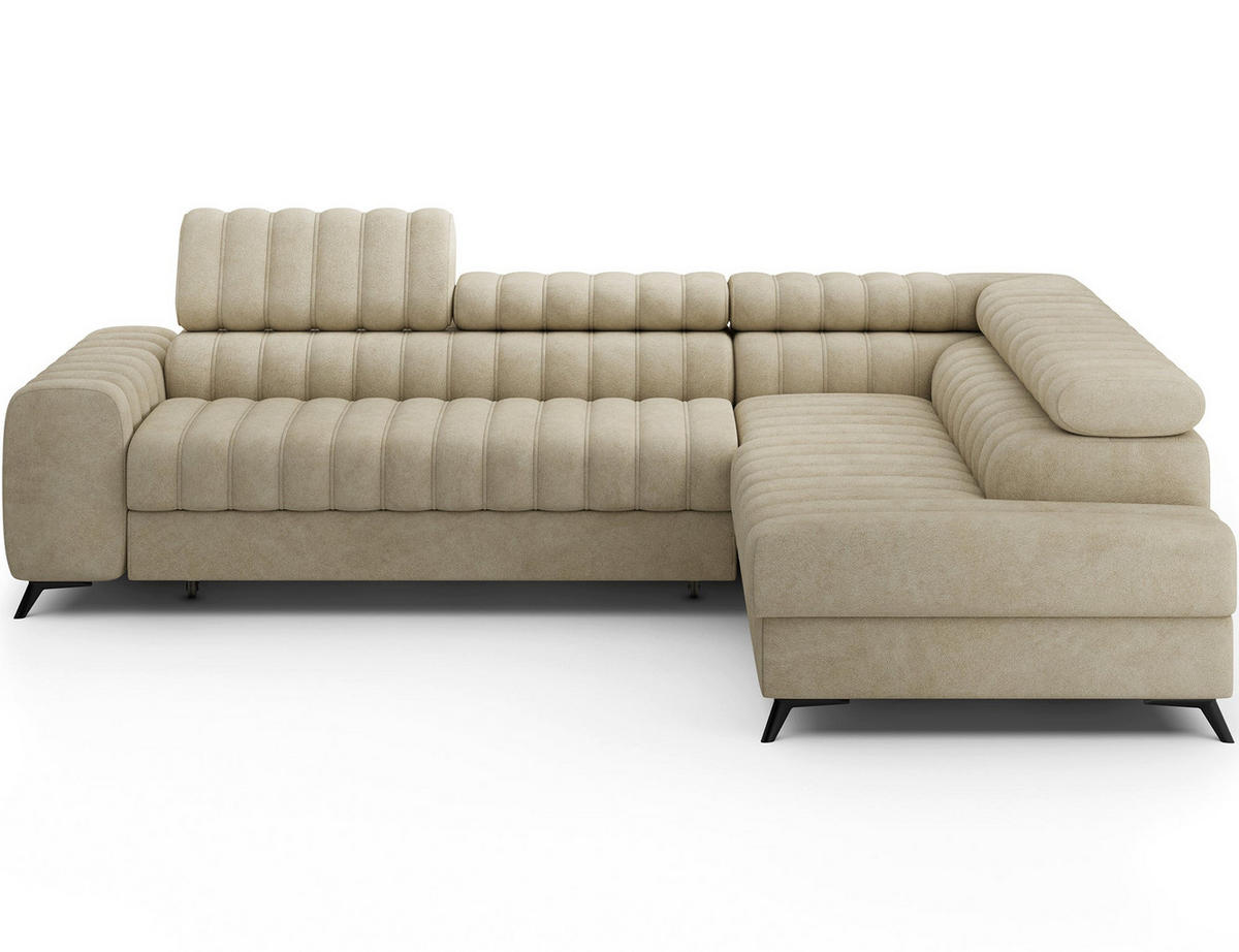 KANEDO Ecksofa mit Schlaffunktion und Bettkasten – Modernes Designsofa, verstellbare Kopfstützen, Metallfüße - Beige, Kunststoff (269/86cm) - Wohnideebilder