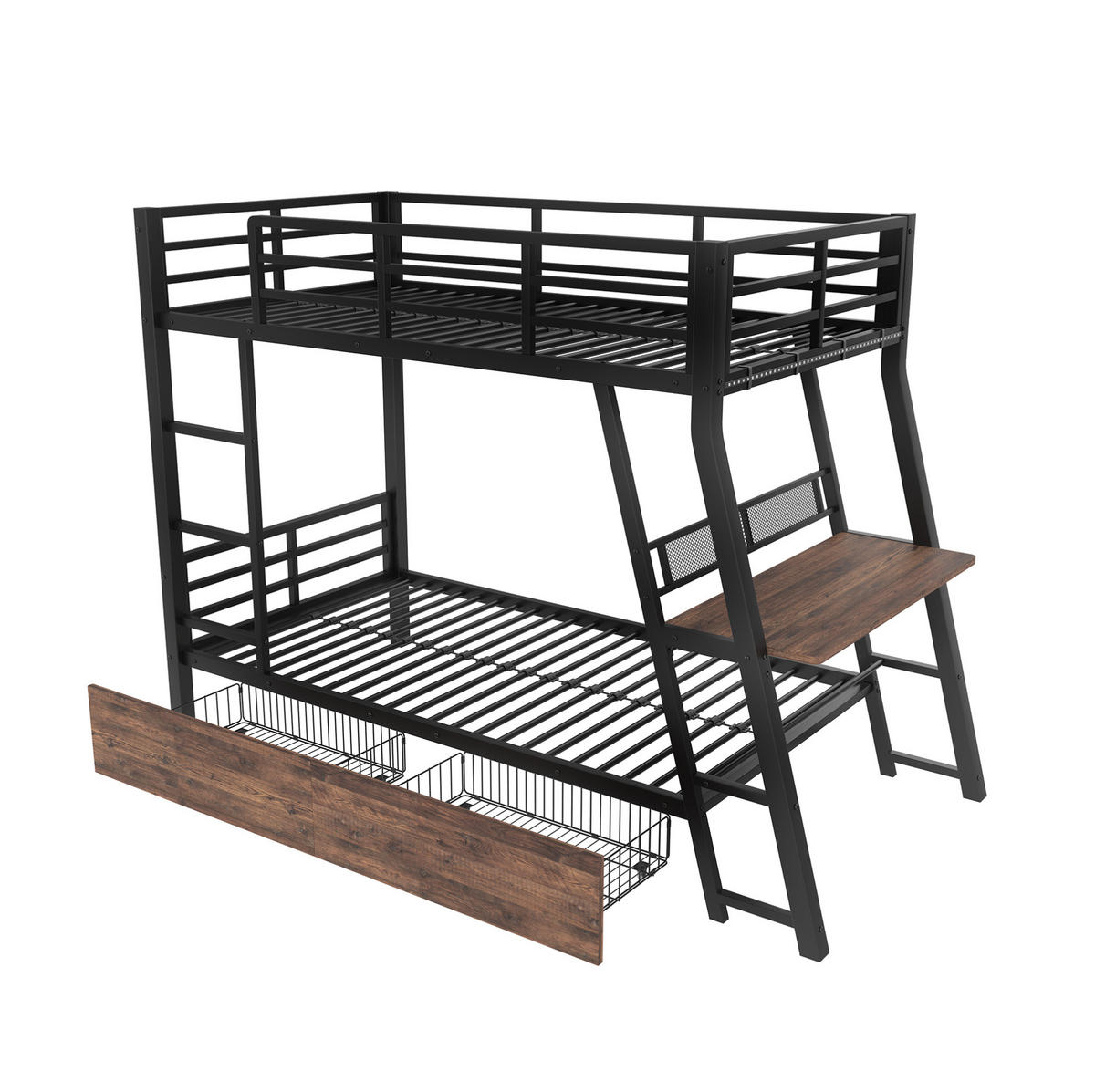 HOCHBETT 90/200 cm aus Metall mit Schreibtisch, LED-Beleuchtung, 2 Schubladen und Treppe, Schwarz - Schwarz, Metall (90/200cm) - Redom