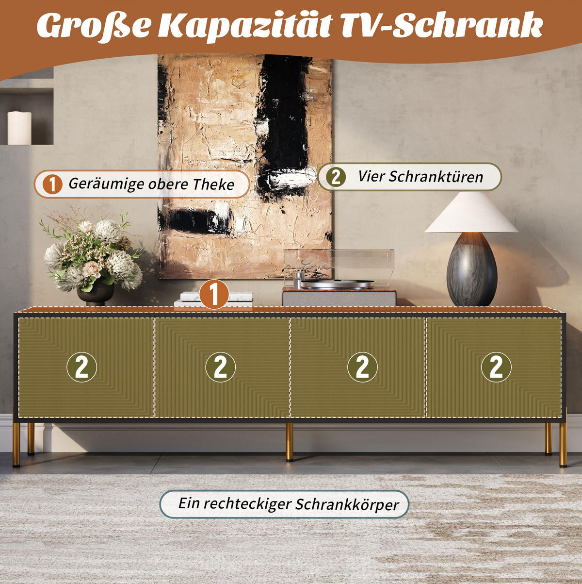 TV-LOWBOARD aus Spanplatte 179x35x53,5 cm Schwarz/Natur mit 4 Türen und goldfarbenen Metallfüßen - Hellbraun, Holzwerkstoff (179/53.5/35cm) - IVMEU