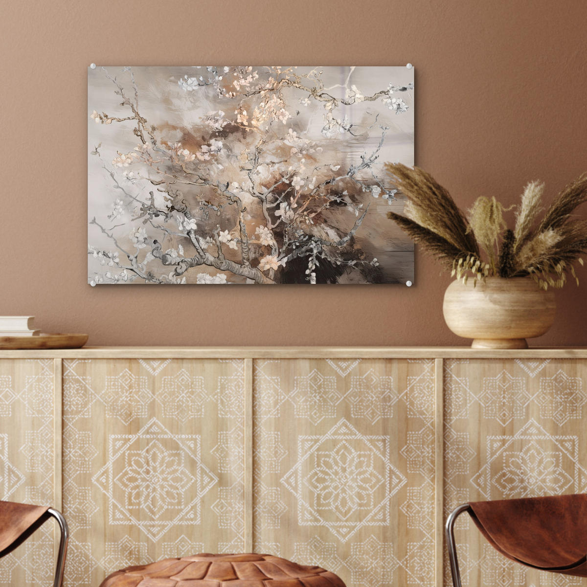 ACRYLGLASBILD Mandelblüte - Kunst - Van Gogh - Beige - Abstrakt 60x40 cm - Braun, Glas (60/40cm) - MuchoWow