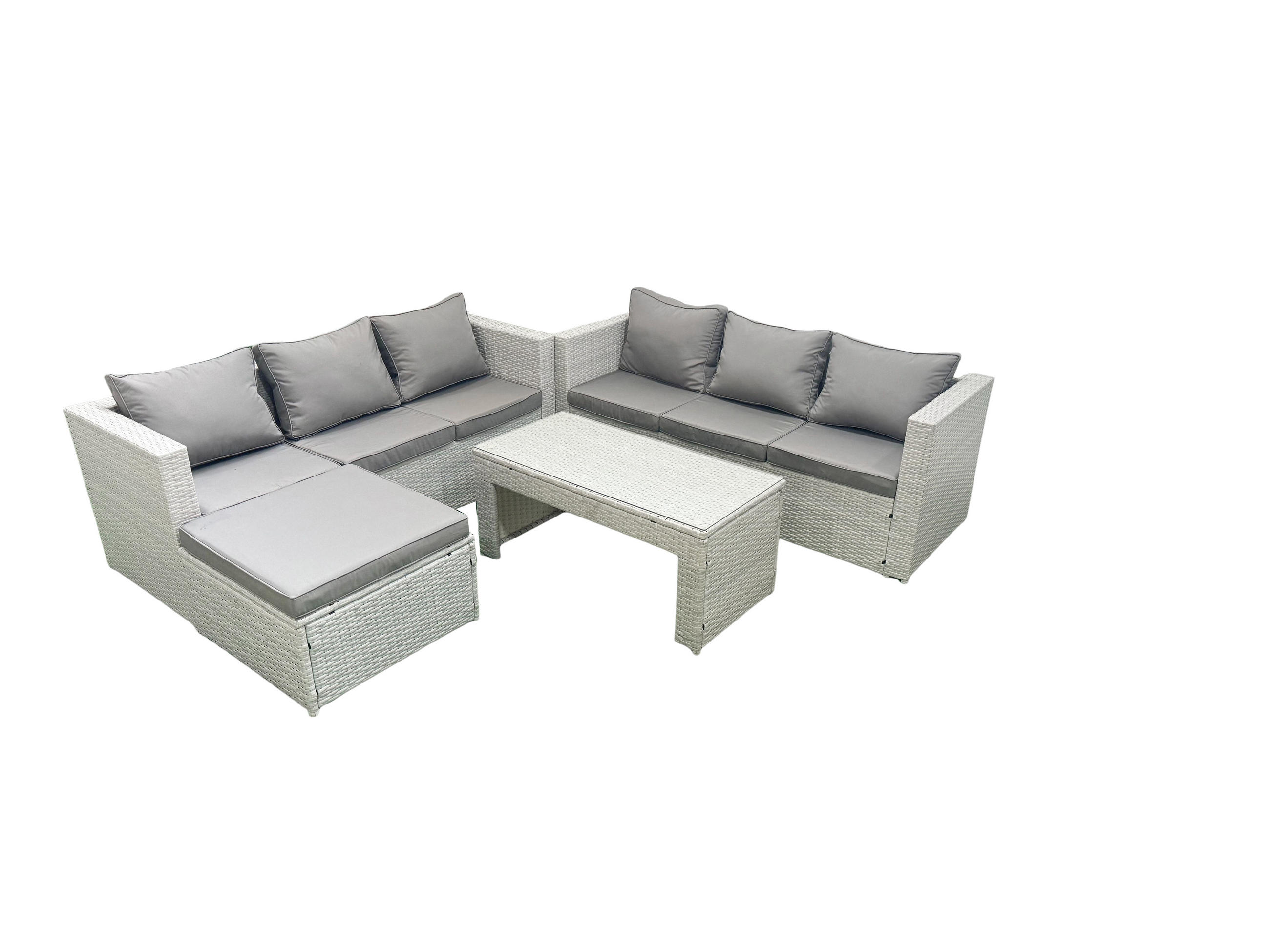GARTENSOFA hohe Rückenlehne Polyrattan Hellgrau-Mix 7-Sitzer - Hellgrau/Grau, Glas/Kunststoff - Fimous