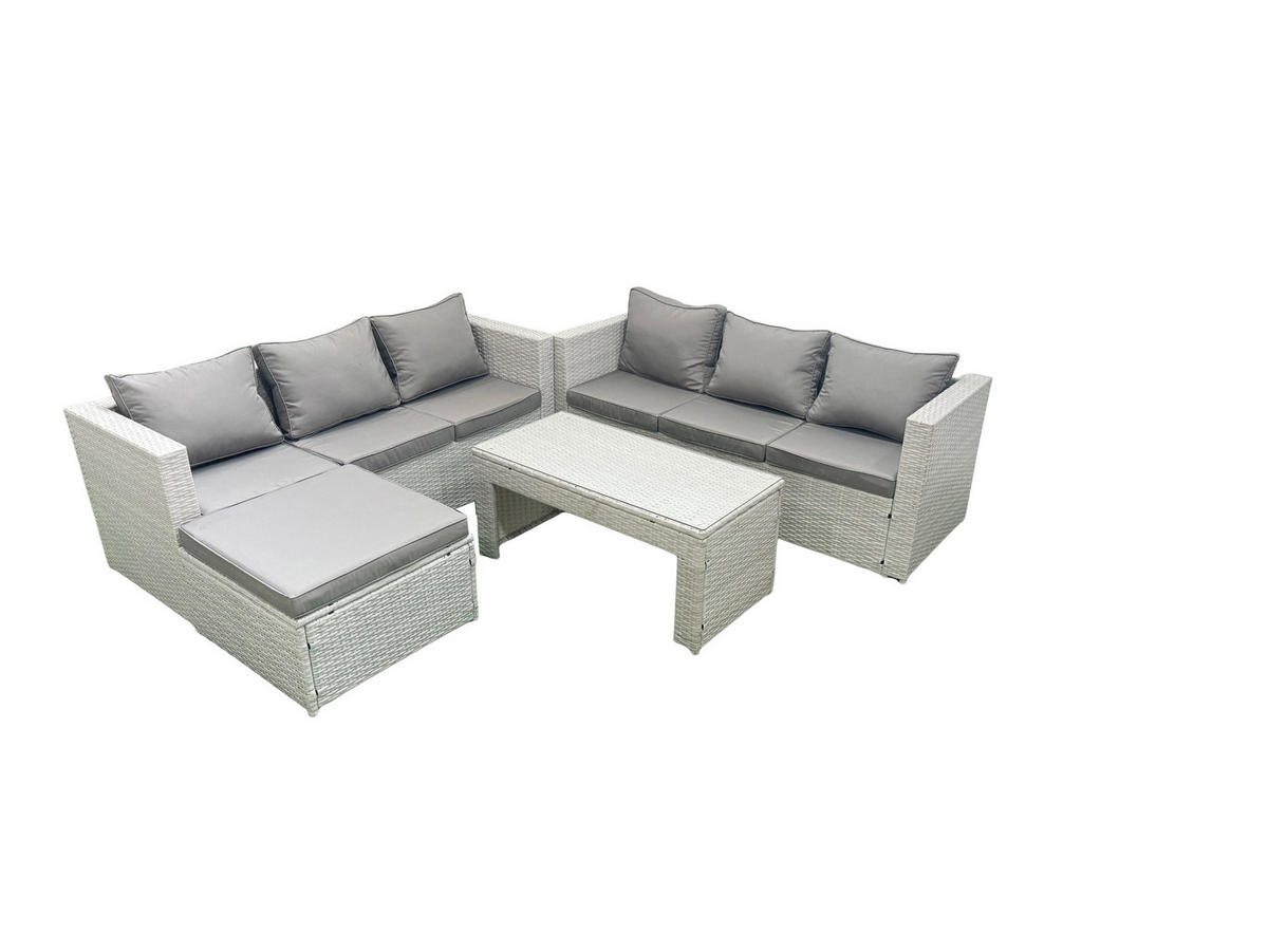 GARTENSOFA hohe Rückenlehne Polyrattan Hellgrau-Mix 7-Sitzer - Hellgrau/Grau, Glas/Kunststoff - Fimous