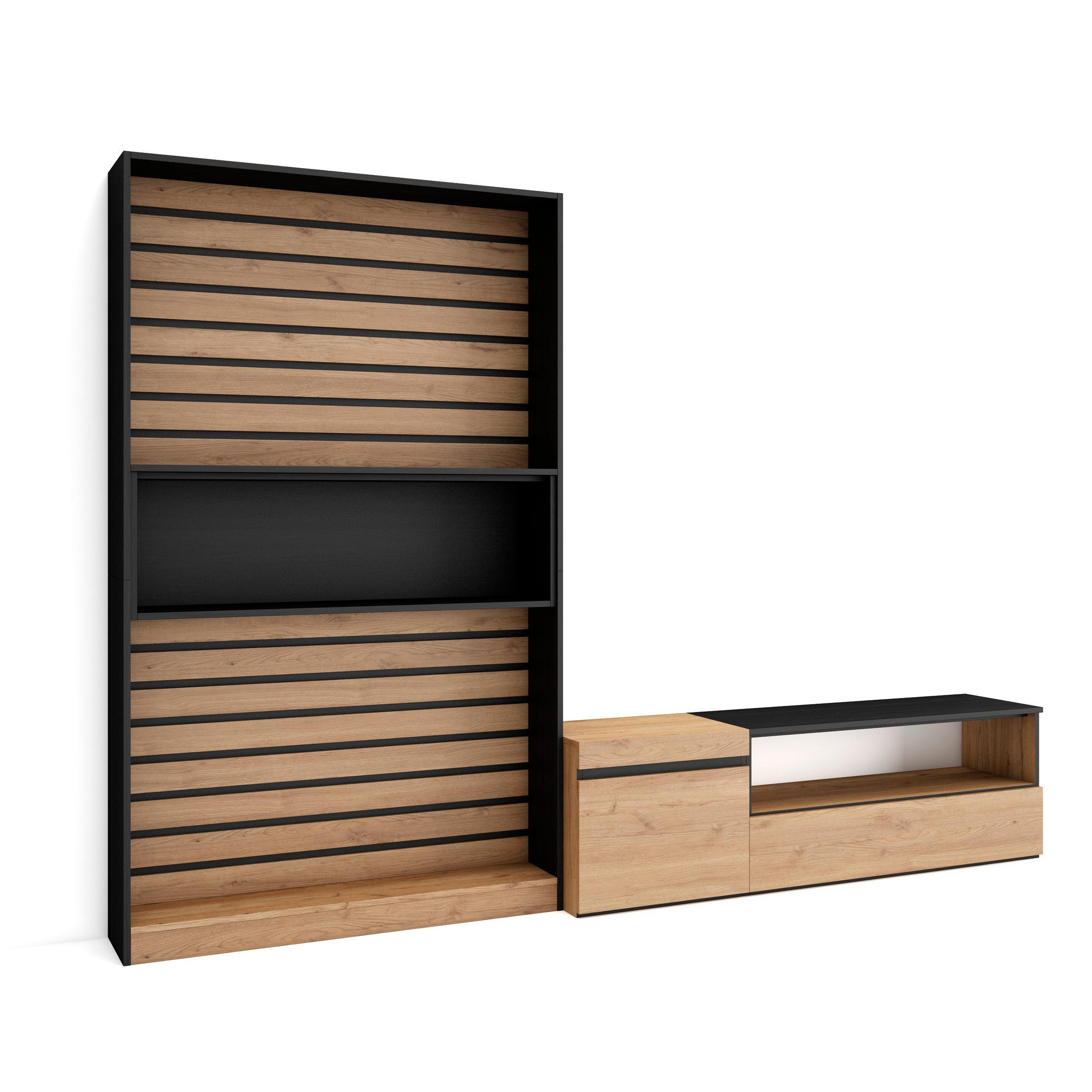 Skraut Home Wohnwand Eiche, Schwarz 260x186x35 cm