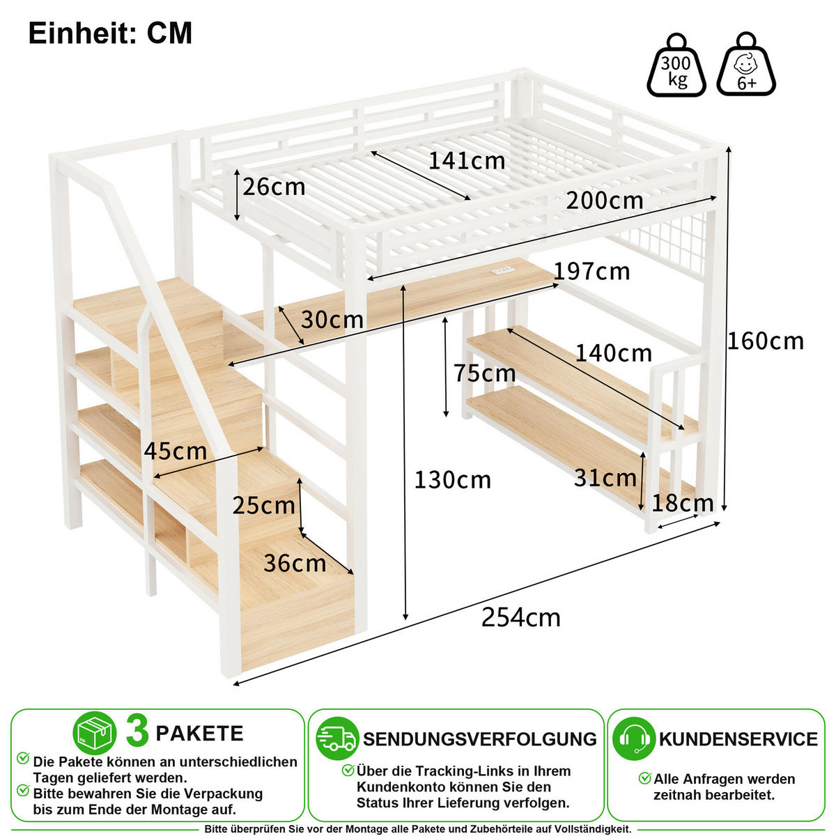 VYVÝŠENÁ POSTEL 140/200 cm v bílé barvě s psacím stolem, LED a USB - bílá, kov/kompozitní dřevo (140/200cm) - CHICFURN