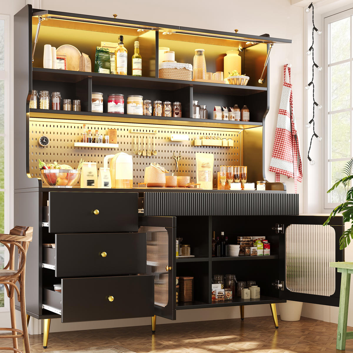 KÜCHENSCHRANK Schwarz mit LED & App-Steuerung, Lift-up-Glastüren & Lochwand - Schwarz, Holzwerkstoff (145/71/39cm) - Urban Meuble