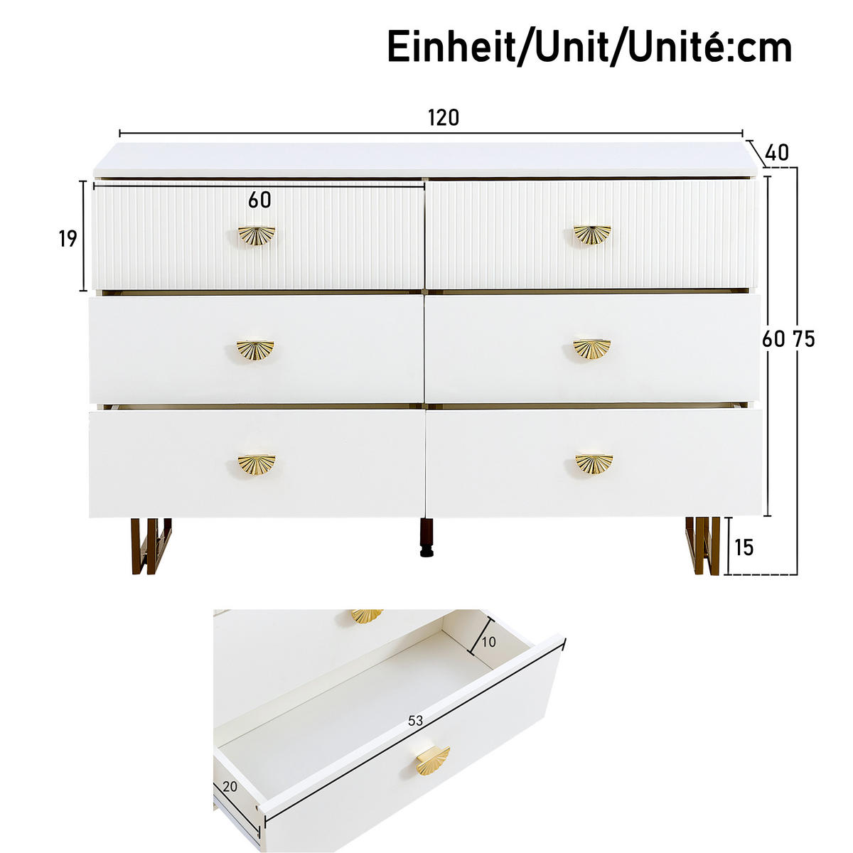 SIDEBOARD 6 Schubladen mit goldenen Griffen & Metallfüßen Weiss - Weiß, Holzwerkstoff (120/75/40cm) - Urban Meuble