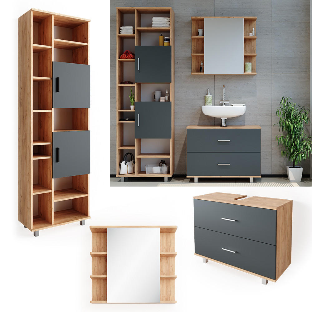 BADMÖBEL-SET Ilias Anthrazit/Goldkraft Eiche 3 Teile, mit Hochschrank - Honigeiche/Anthrazit, Holzwerkstoff (80.2/60.8/33cm) - Vicco