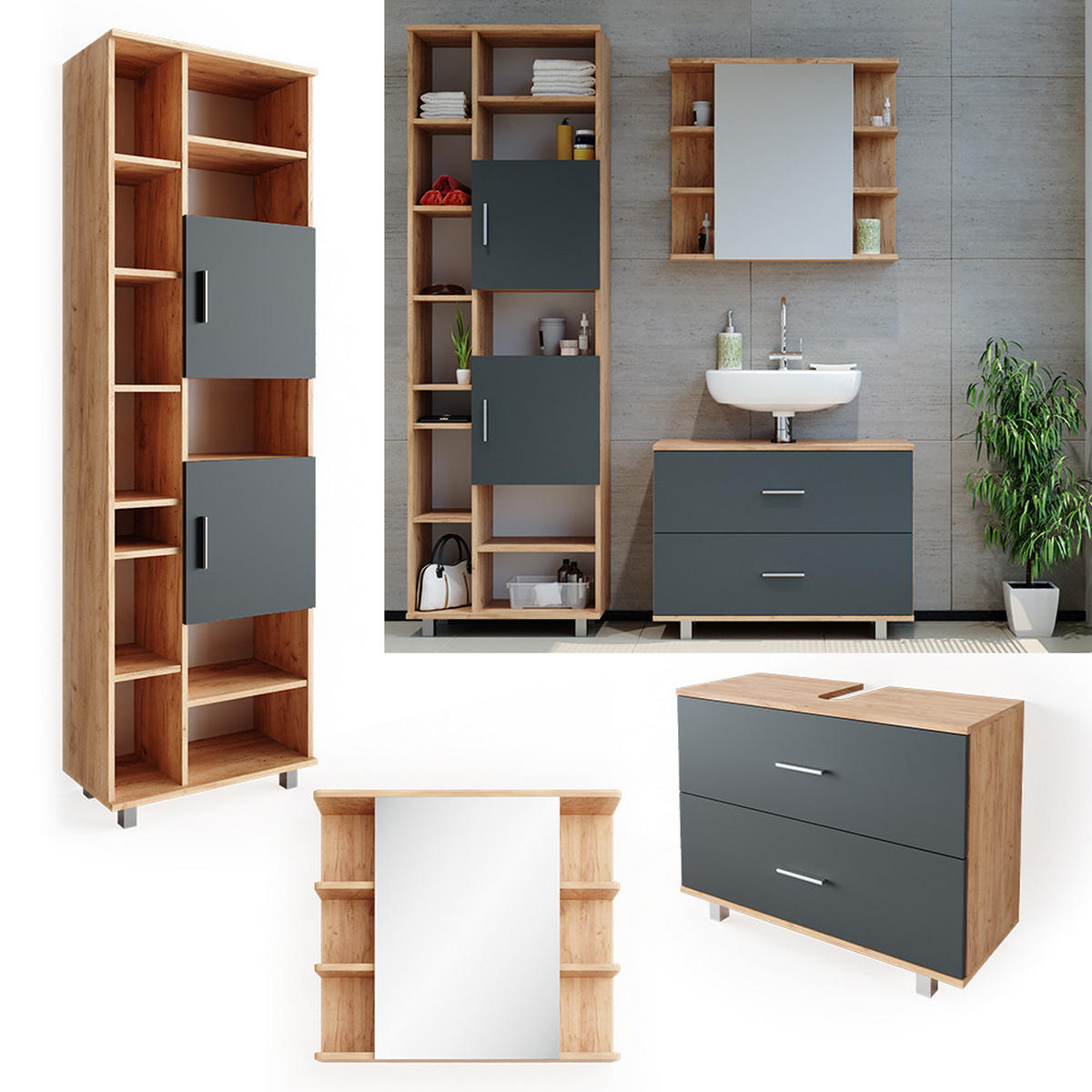 BADMÖBEL-SET Ilias Anthrazit/Goldkraft Eiche 3 Teile, mit Hochschrank - Honigeiche/Anthrazit, Holzwerkstoff (80.2/60.8/33cm) - Vicco