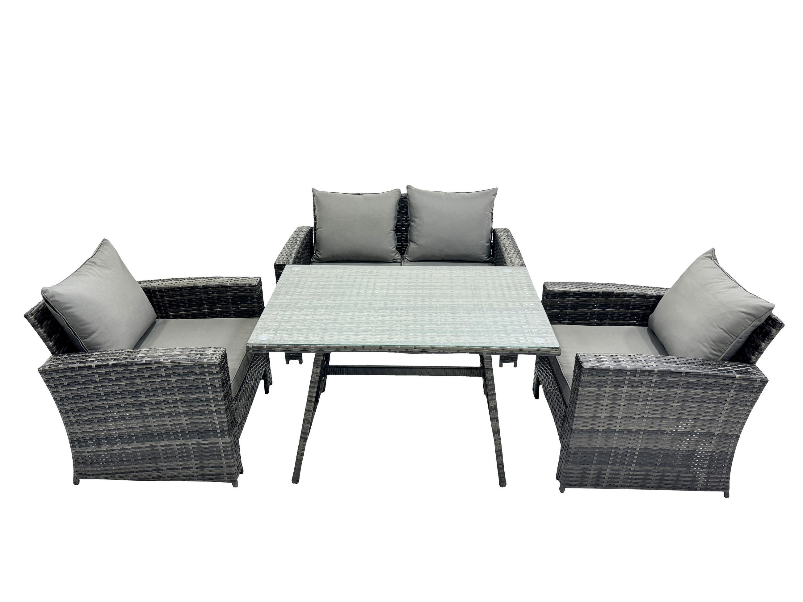 GARTENTISCHGRUPPE Polyrattan 4-Sitzer - Dunkelgrau/Grau, Glas/Kunststoff - Fimous