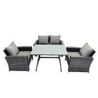 GARTENTISCHGRUPPE Polyrattan 4-Sitzer - Dunkelgrau/Grau, Glas/Kunststoff - Fimous