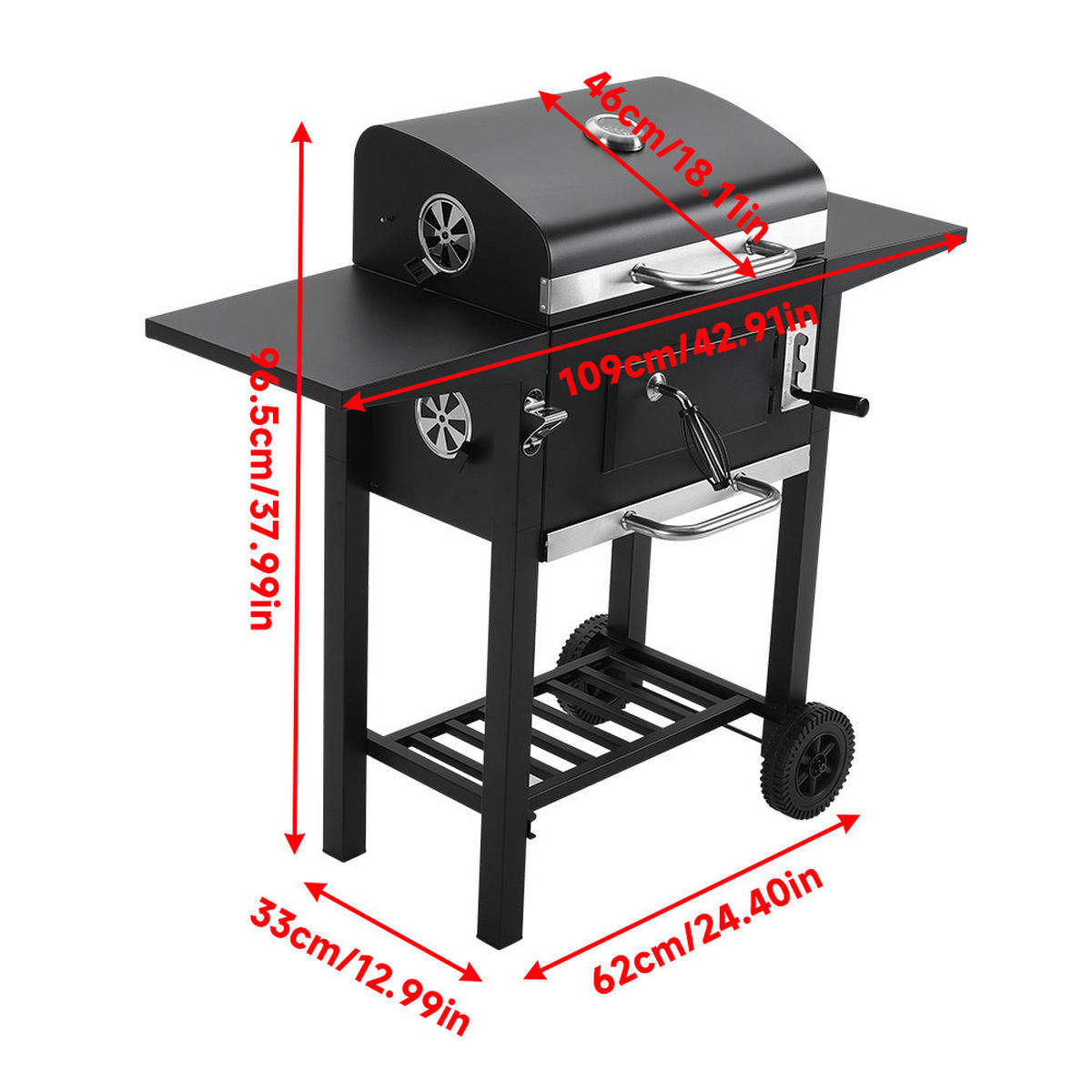 HOLZKOHLEGRILL aus Karbonstahl in Schwarz Tragbarer Outdoor BBQ 2 Seitentischen Temperaturbereich: 100-800°F 109 cm B × 46 cm T × 96,5 cm H - Schwarz, Metall (109/106.5/46cm) - Livingandhome