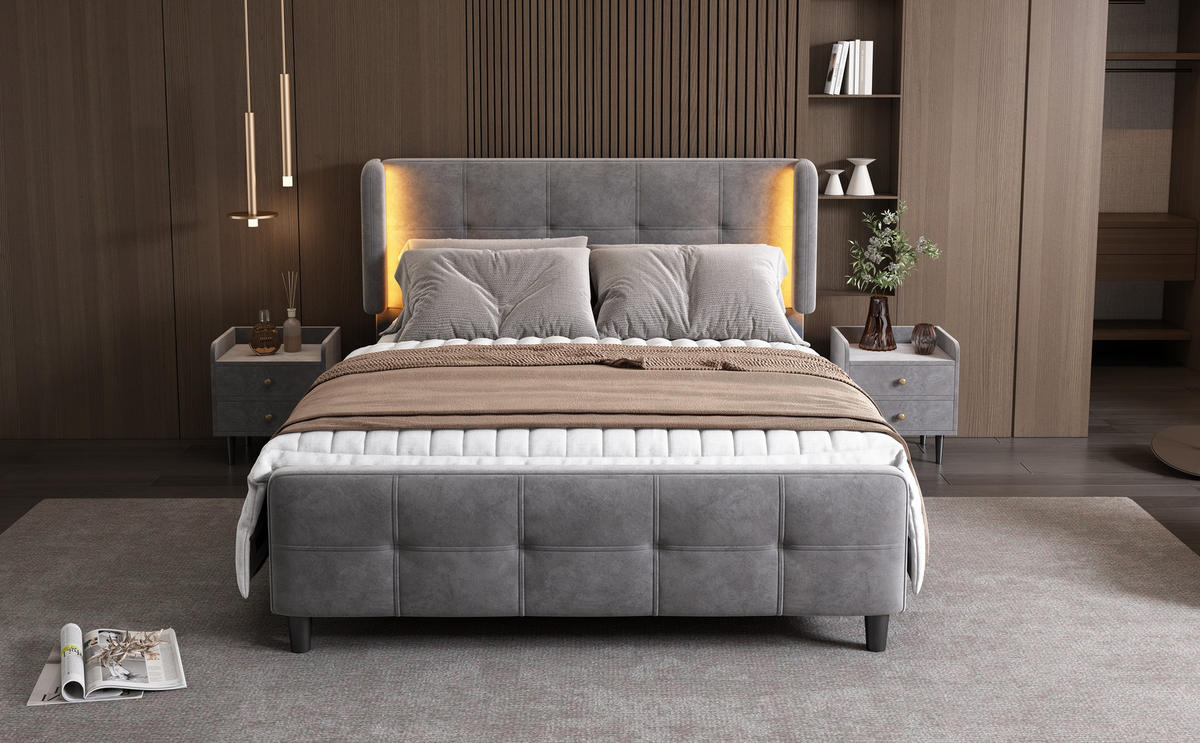 POLSTERBETT 140x200 cm LED Samt grau - Grau, Textil (140/200cm) - LEBENLANG