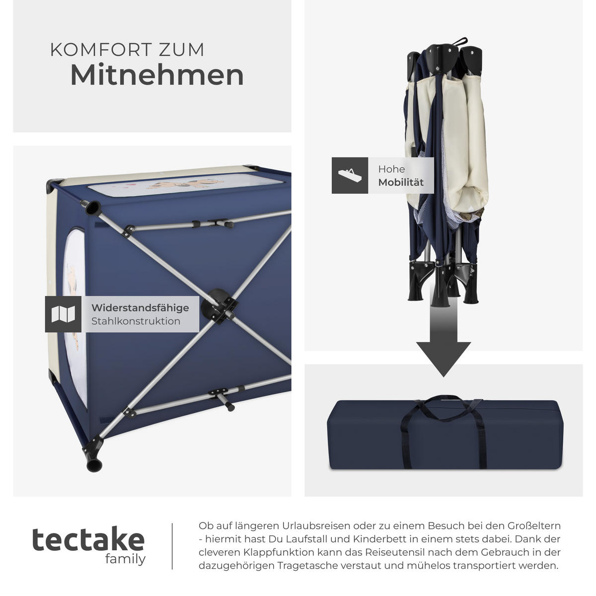 LAUFSTALL für Baby Tommy Junior,105 x 105 x 78 cm,blau - Blau, Textil (105/75/105cm) - tectake