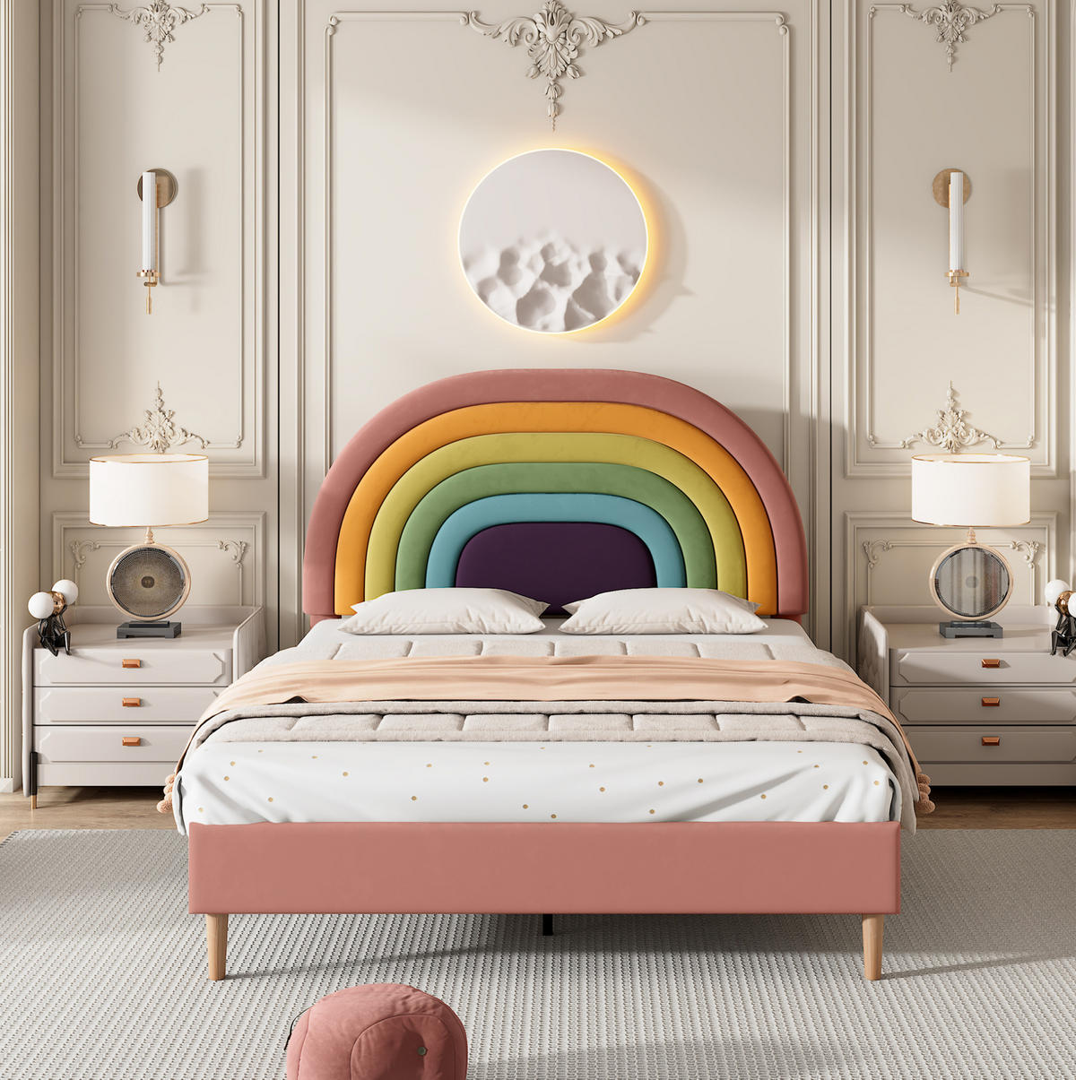 POLSTERBETT 140/200 cm mit Lattenrost, höhenverstellbarem Regenbogen-Kopfteil aus Samt, Rosa - Rosa, Textil (140/200cm) - Redom