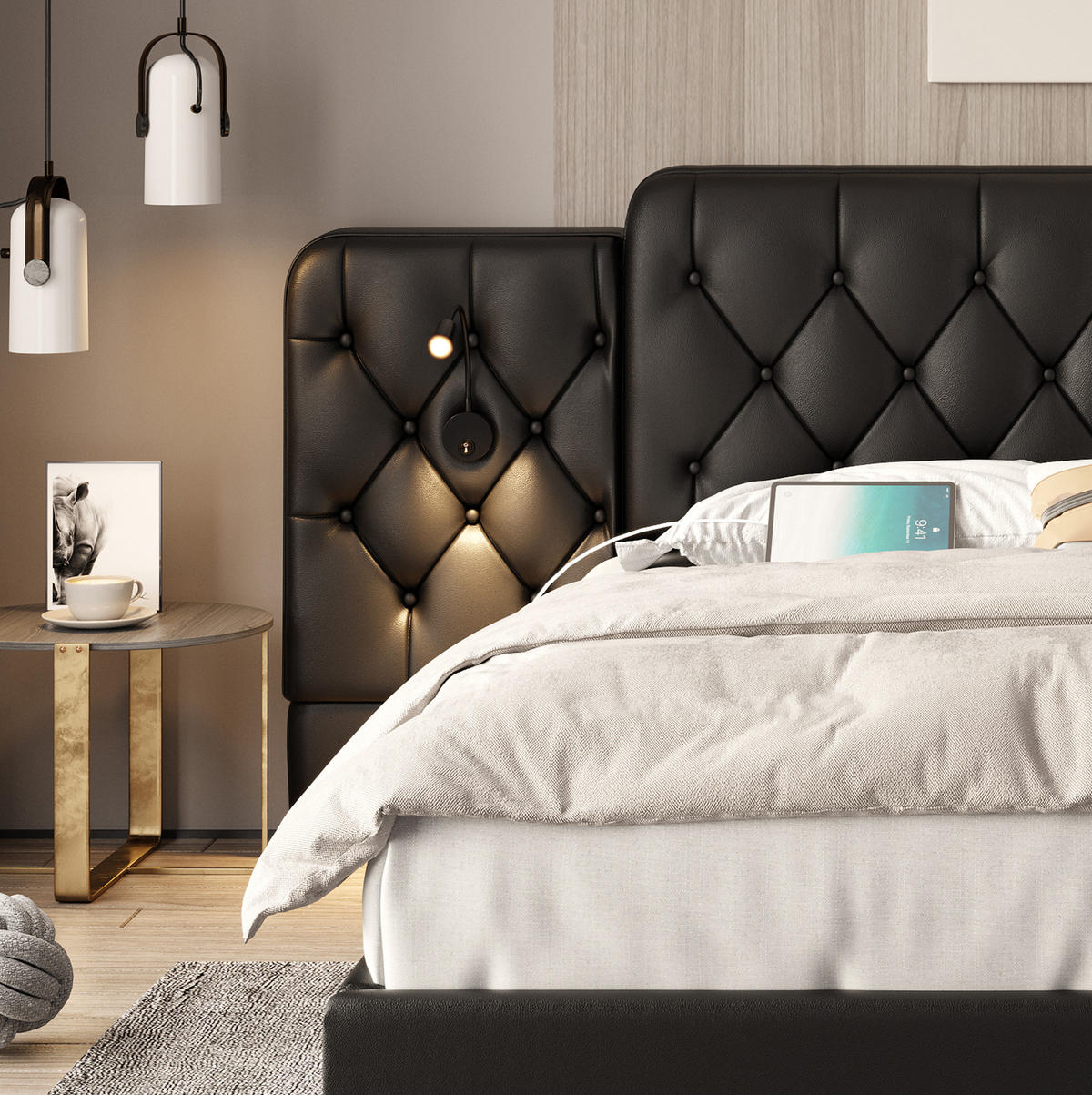 BETT mit Stauraum und USB 160x200 cm PU-Leder Schwarz - Schwarz, Metall (160/200cm) - Meubliv
